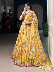 Classic Yellow Floral Printed Chiffon Haldi Wear Lehenga Choli