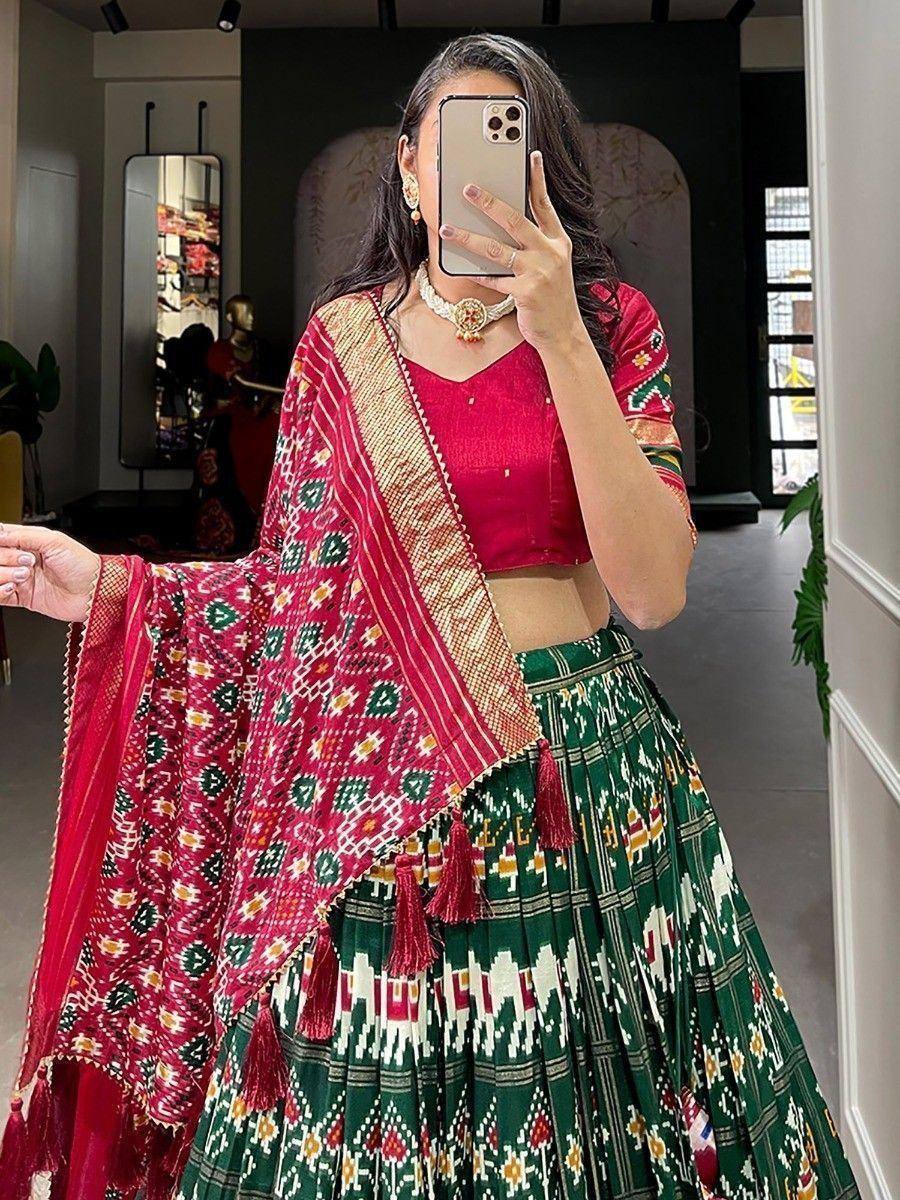 Red and green printed lehenga choli with dupatta, ethnic Indian wear for women