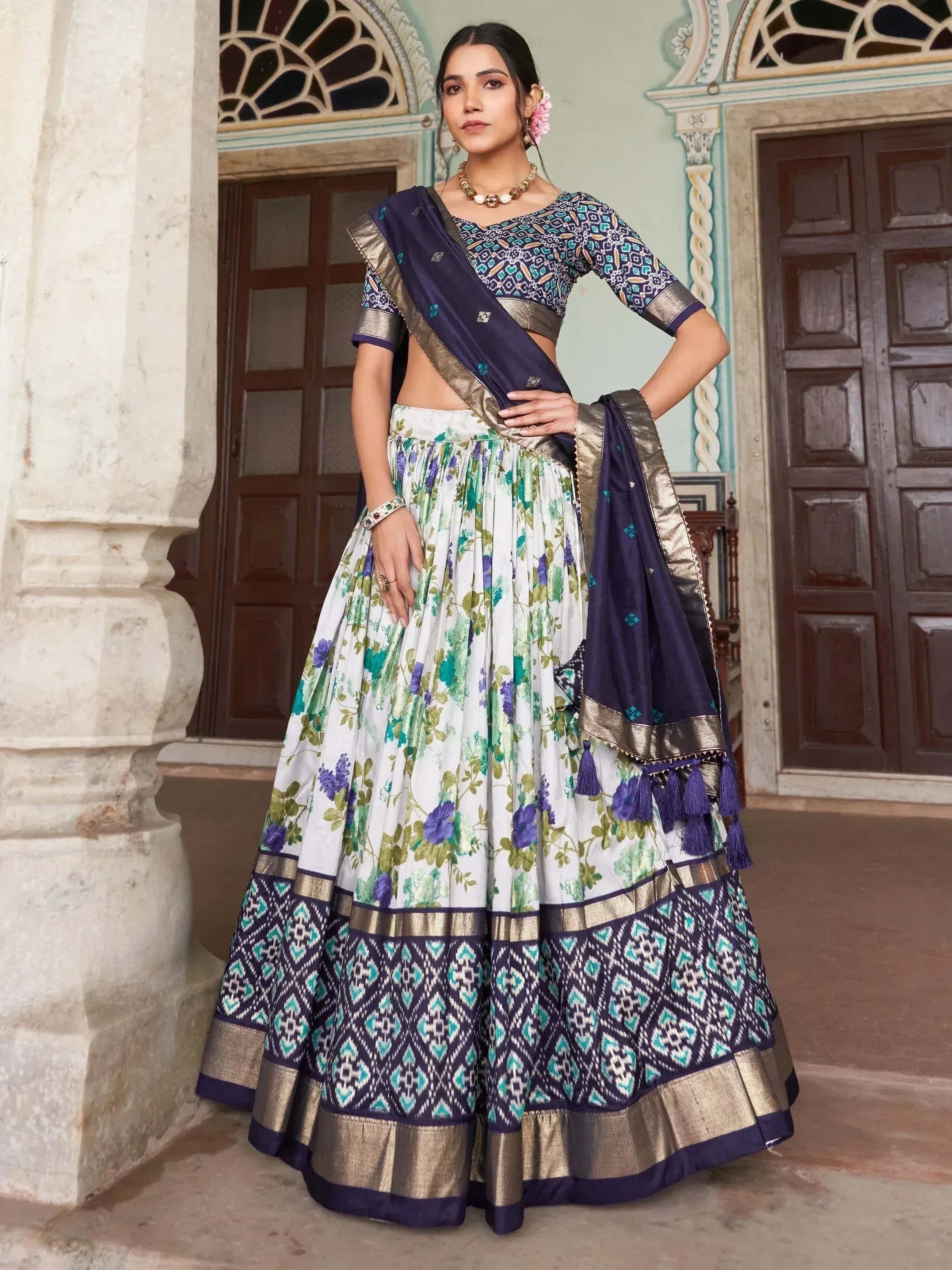 Floral print lehenga choli with navy blue dupatta, ethnic Indian wear for women