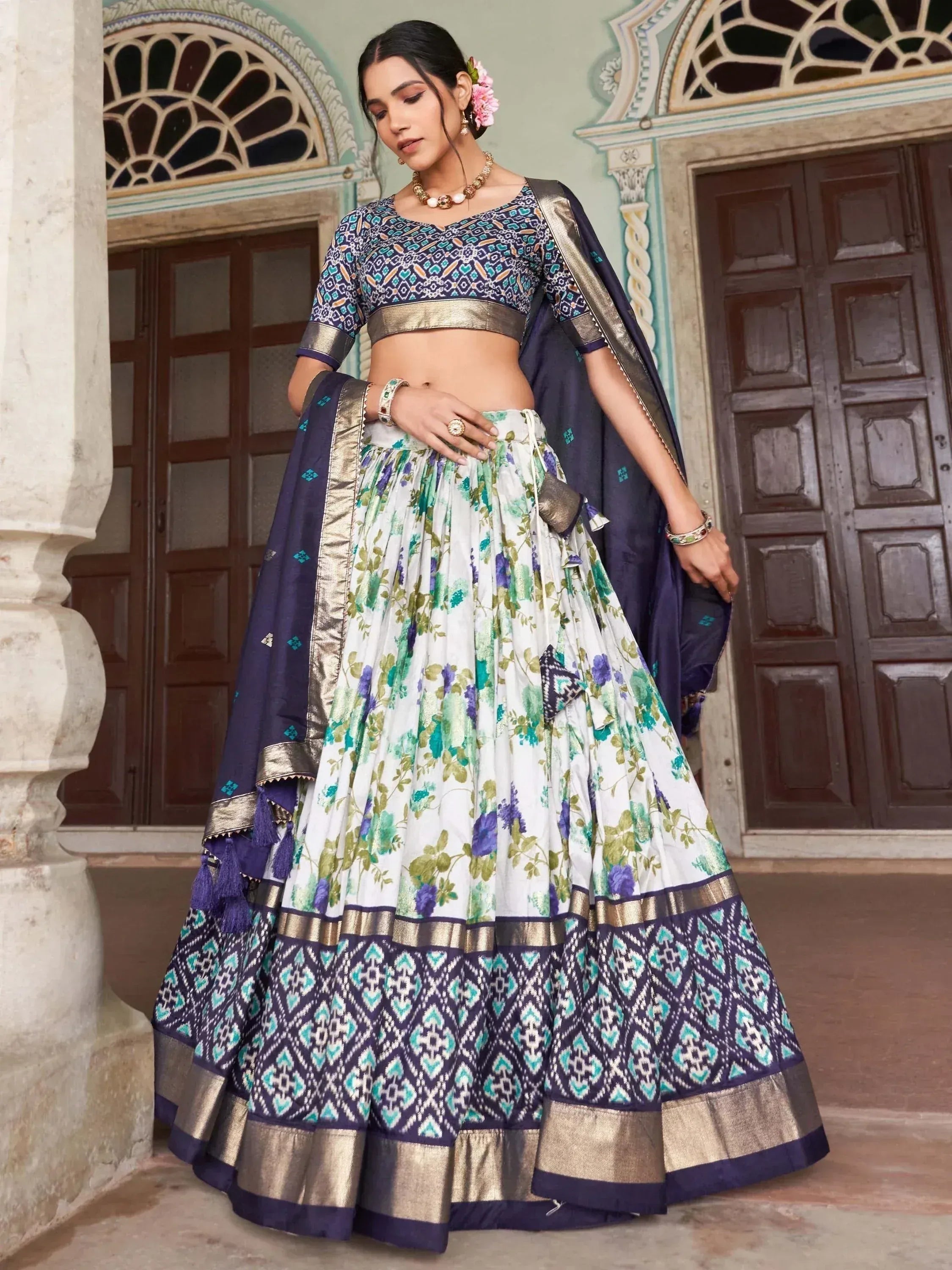 Floral print lehenga choli with geometric border, perfect for Indian ethnic wear occasions
