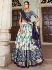 Alluring White & Navy-Blue Floral Printed Silk Traditional Lehenga Choli