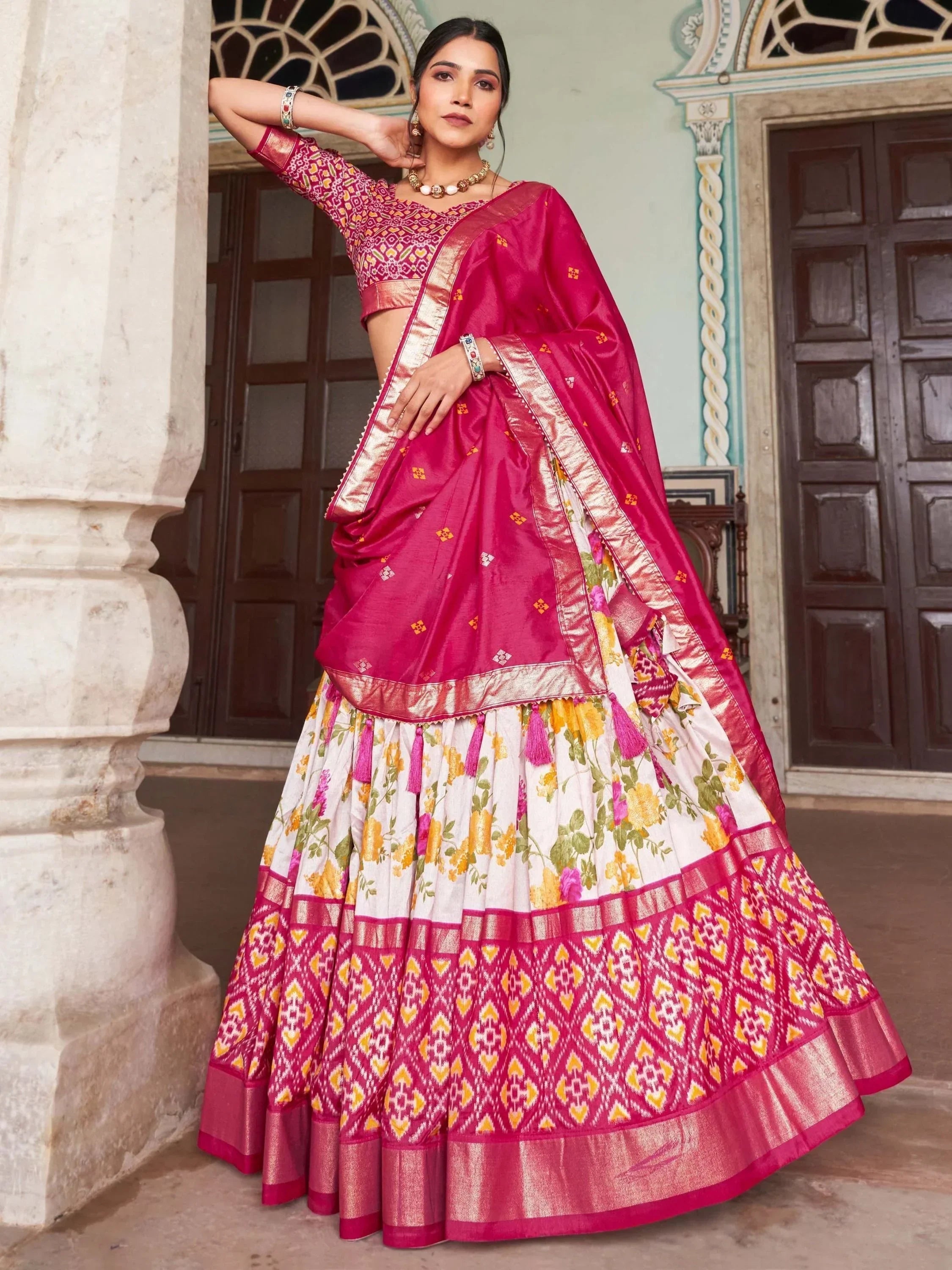 Glamorous White & Pink Floral Printed Silk Festival Wear Lehenga Choli
