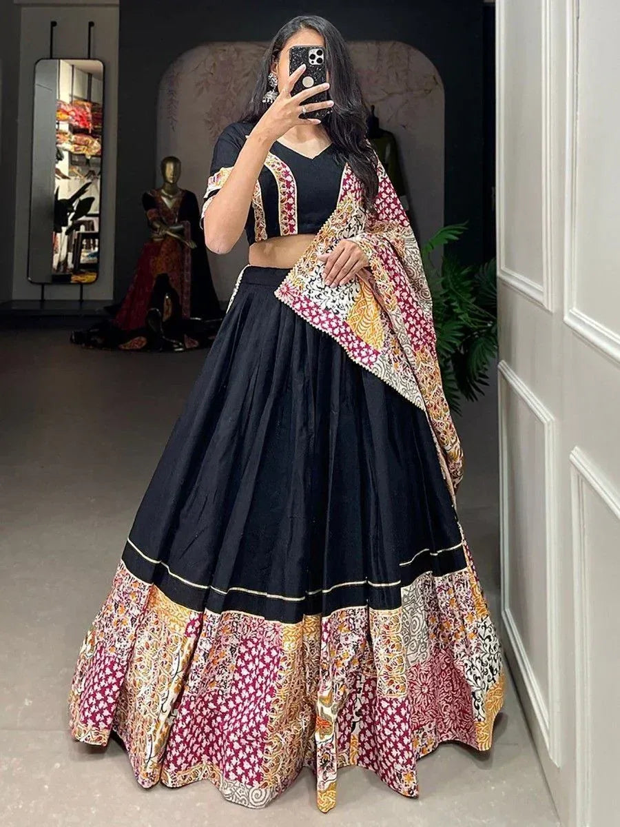 Black lehenga choli with colorful printed border and matching dupatta, perfect for Indian ethnic occasions