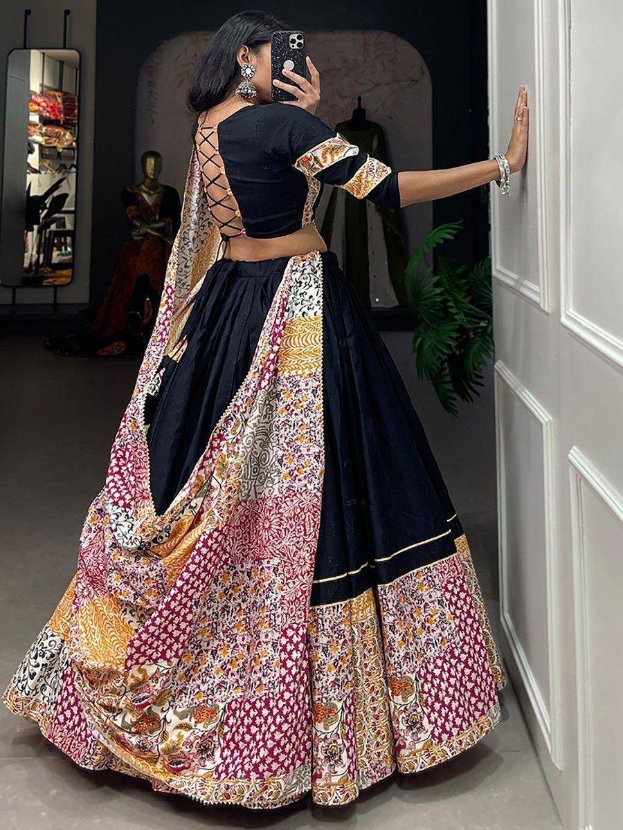 Black lehenga choli with colorful printed dupatta, back view, ethnic wear for women