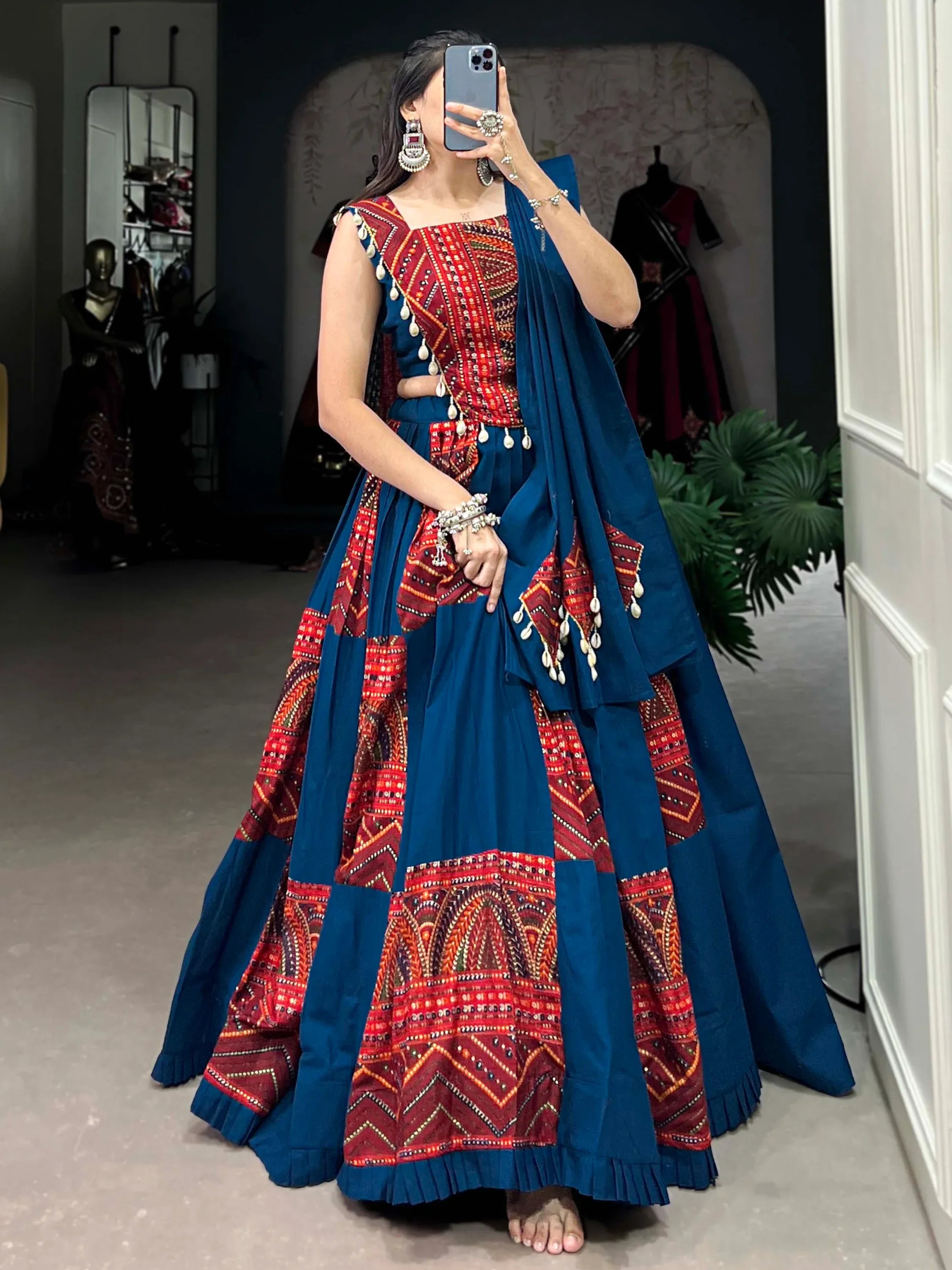 Charming Navy Blue Foil Work Cotton Navratri Wear Lehenga Choli