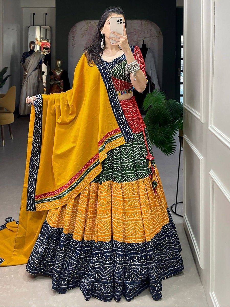 Vibrant multicolor lehenga choli with yellow dupatta, perfect for Indian ethnic wear occasions