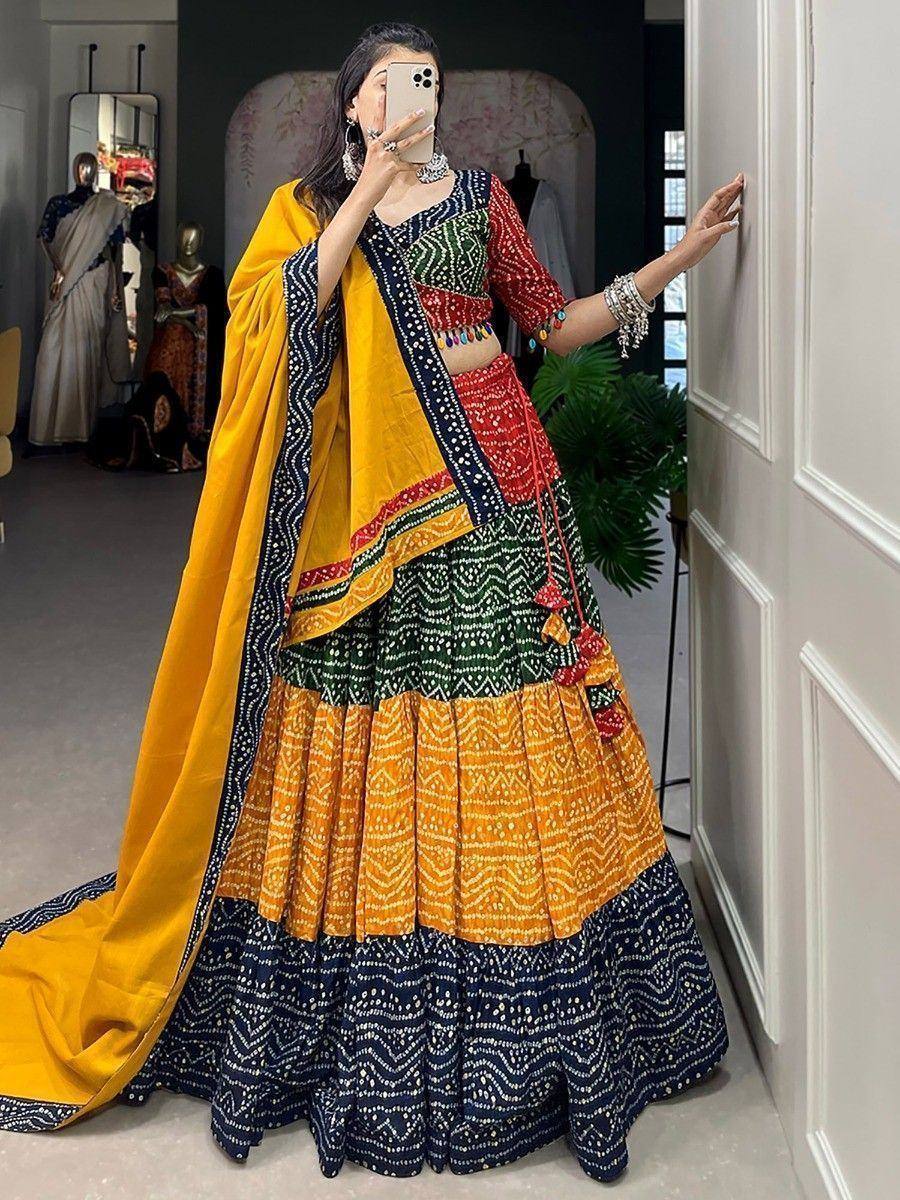 Vibrant multicolor lehenga choli with yellow dupatta, perfect for Indian ethnic wear occasions