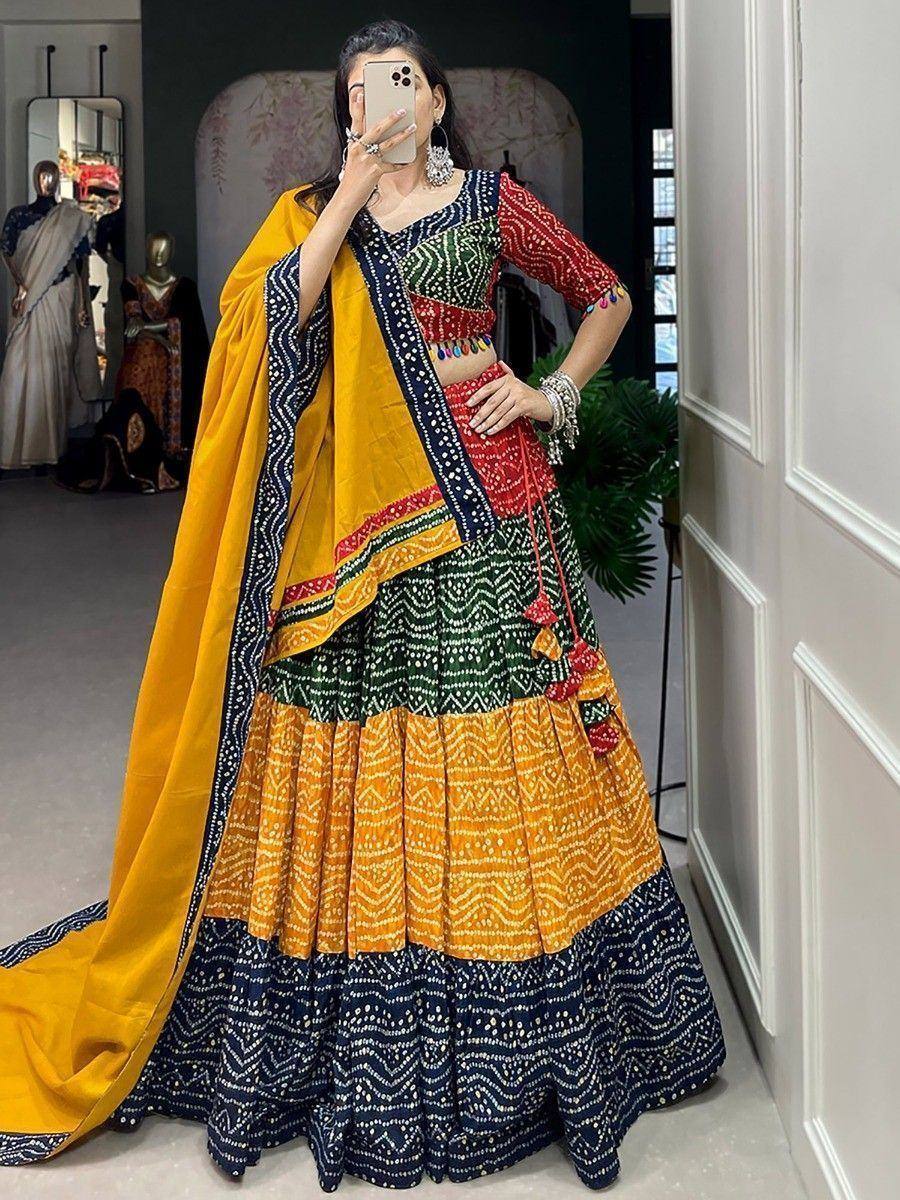 Vibrant multicolor lehenga choli with yellow dupatta, perfect for Indian ethnic wear and festive occasions