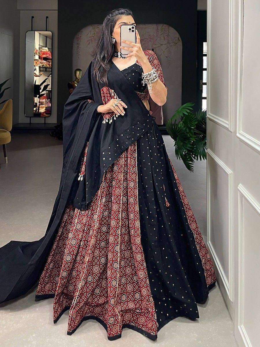 Black and maroon printed lehenga choli with dupatta, ethnic Indian wear for women