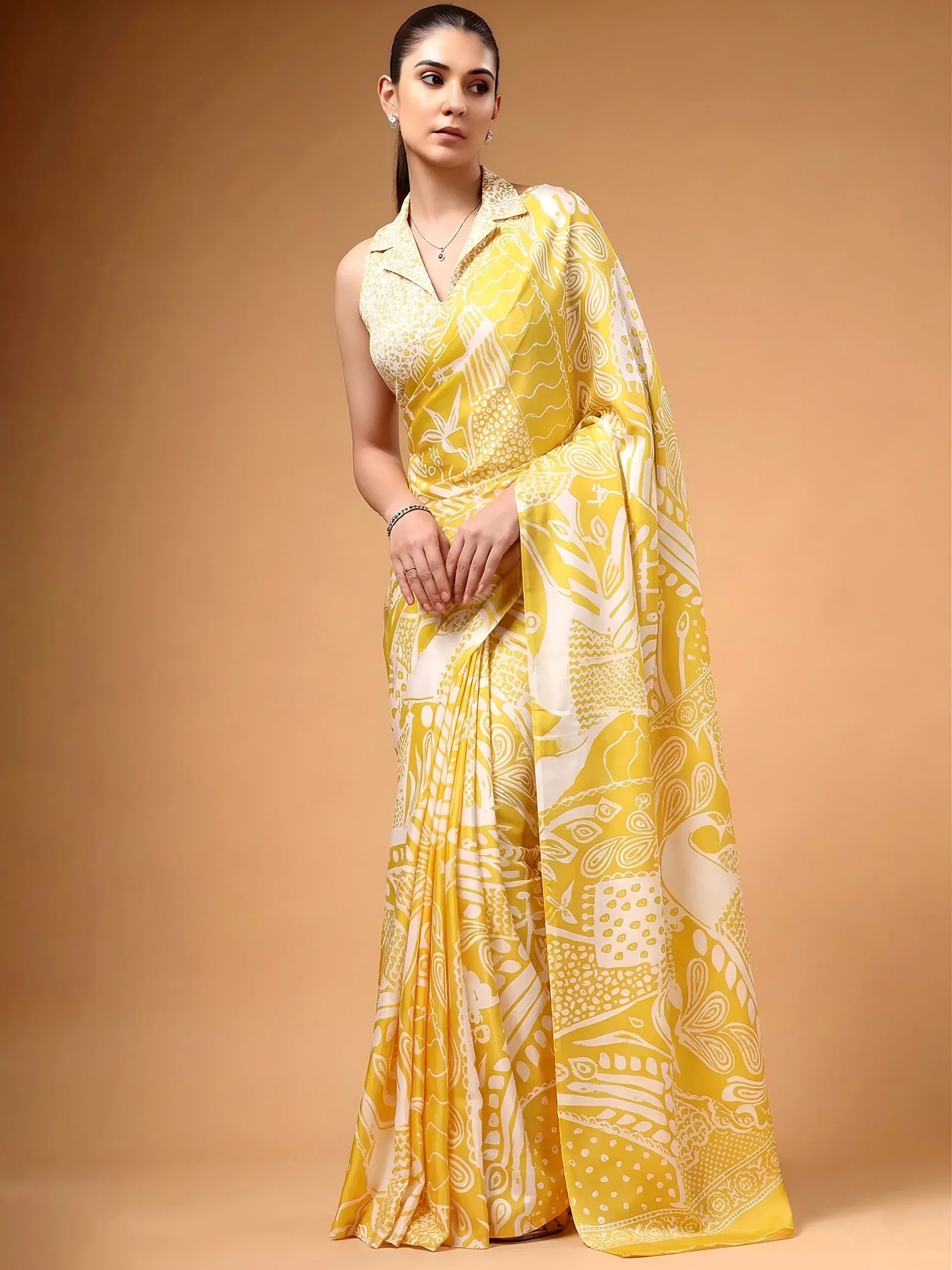 Enchanting Yellow Printed Satin Haldi Wear Saree With Blouse