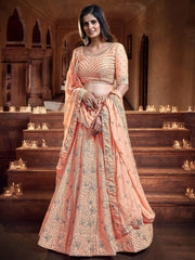 Alluring Peach Sequins Embroidered Georgette Wedding Wear Lehenga Choli
