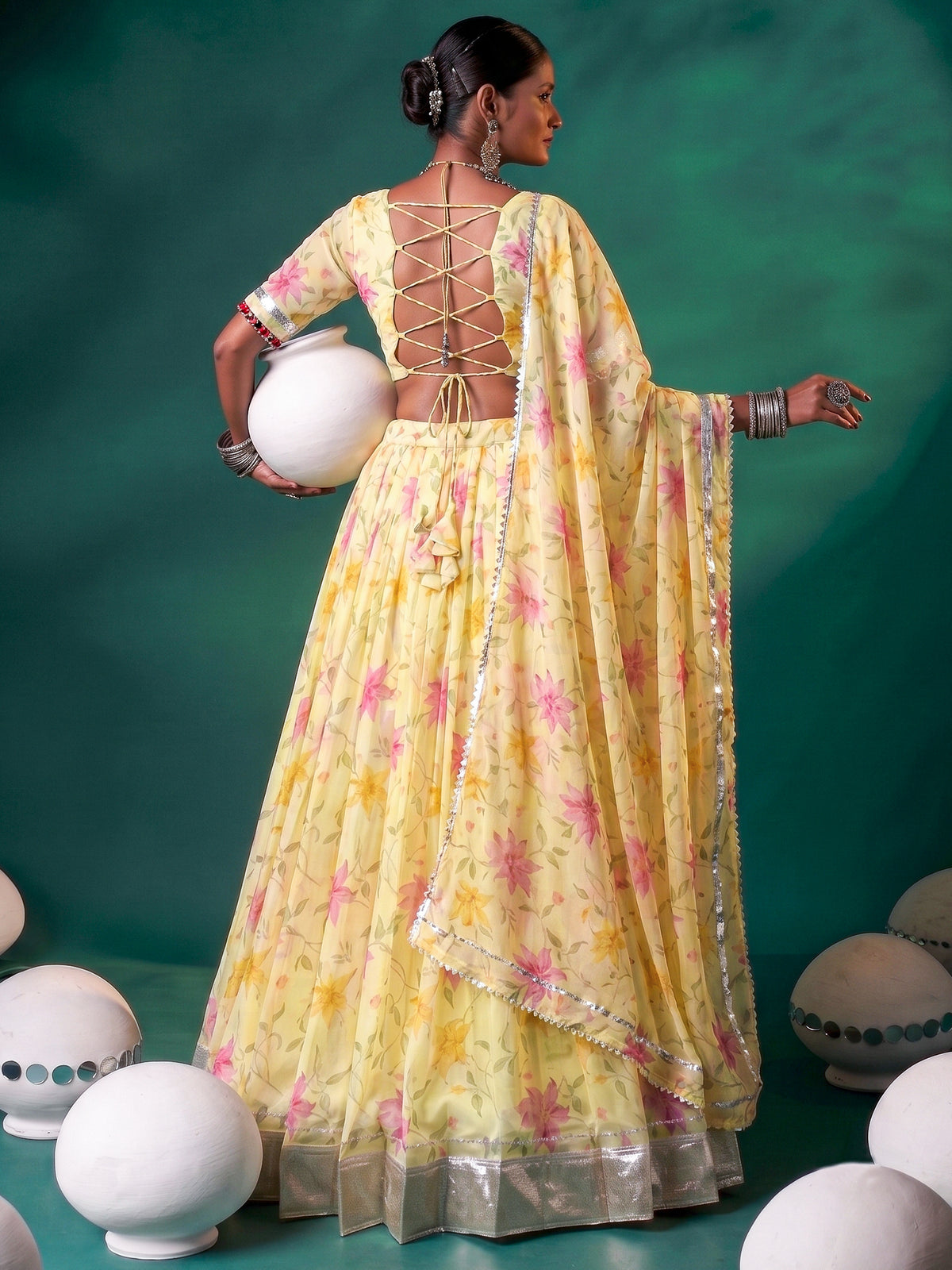 Notable Yellow Floral Printed Silk Haldi Wear Lehenga Choli With Dupatta