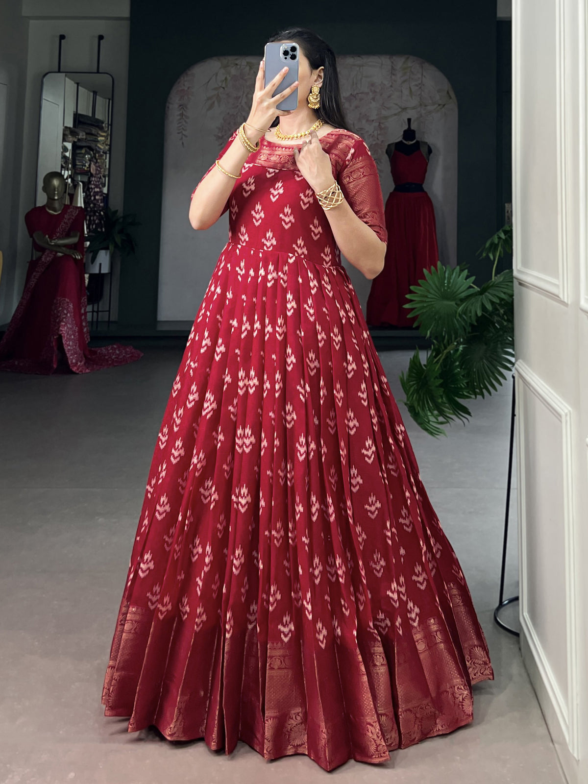 Precious Red Zari Weaving Cotton Wedding Wear Gown