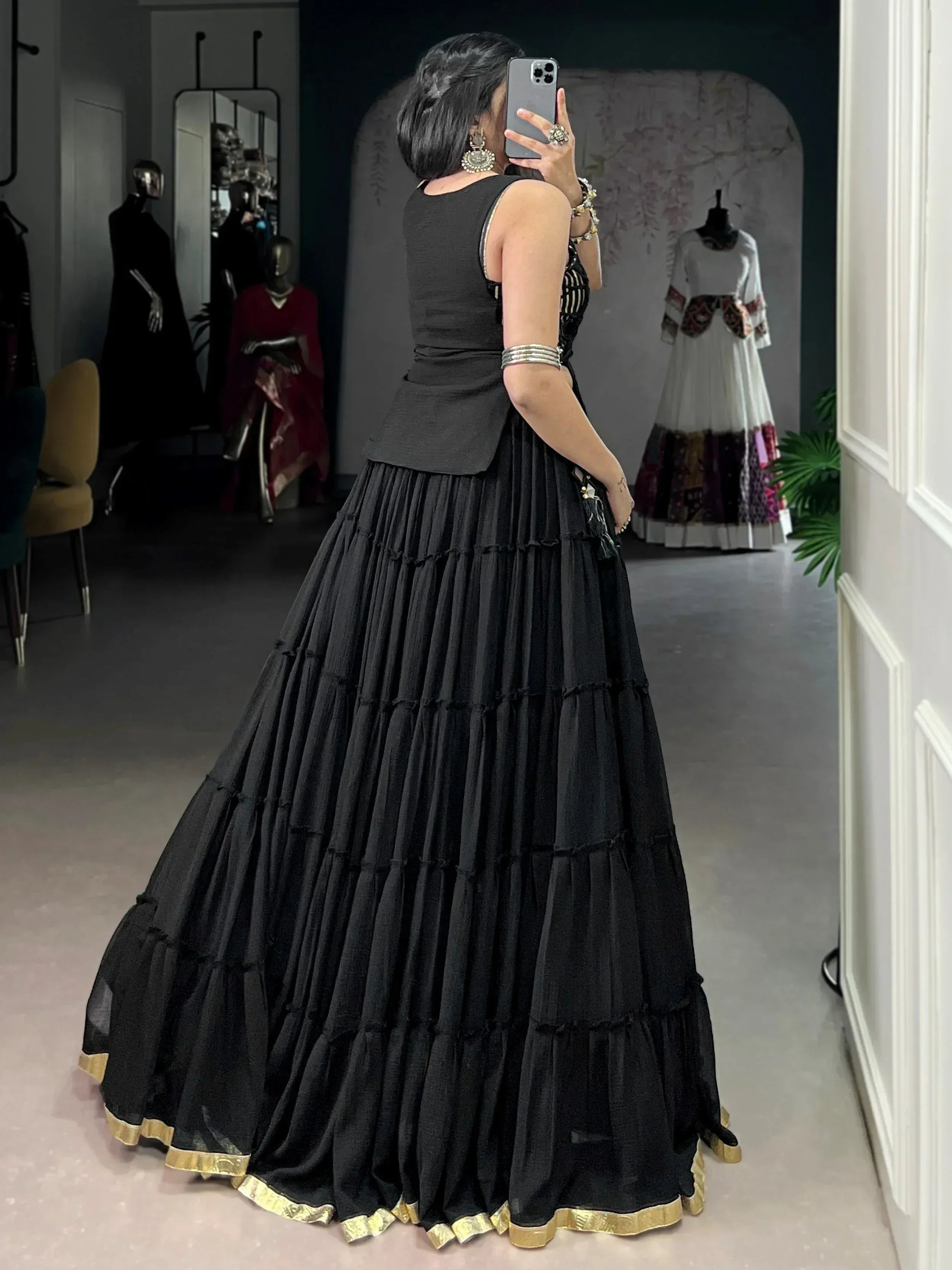 Graceful Black Mirror Work Chiffon Festival Wear Crop Top Lehenga