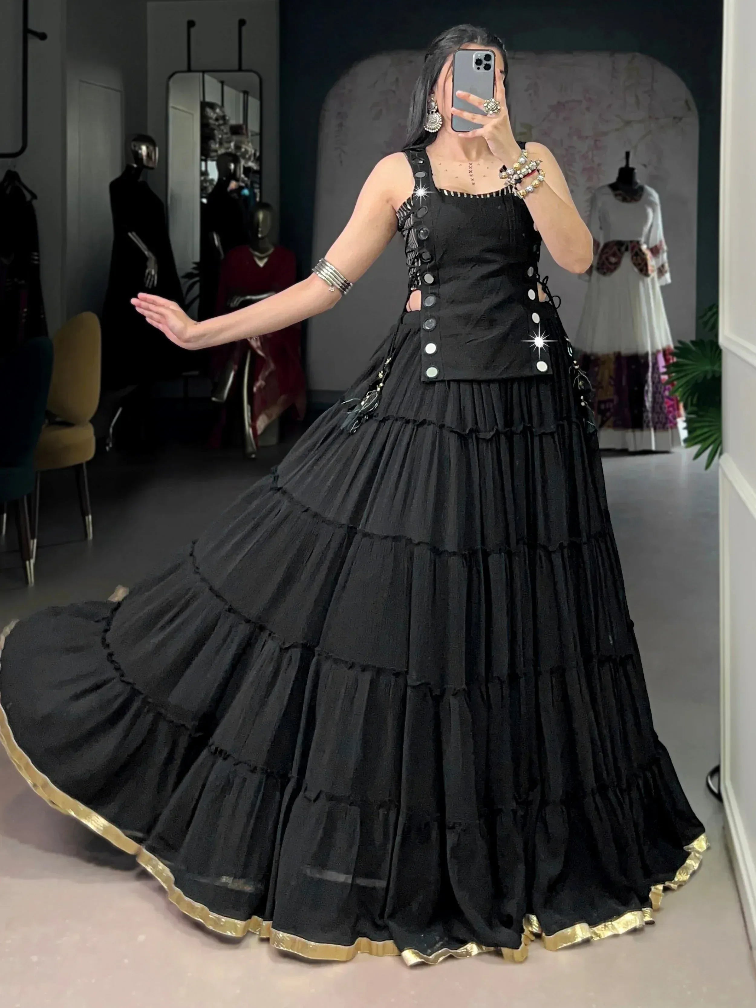 Graceful Black Mirror Work Chiffon Festival Wear Crop Top Lehenga