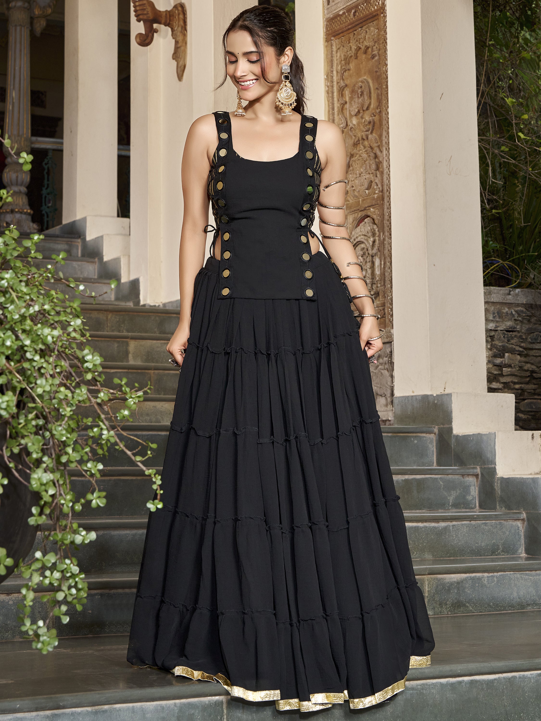 Captivating Black Laced Border Chiffon Event Wear Crop Top Lehenga