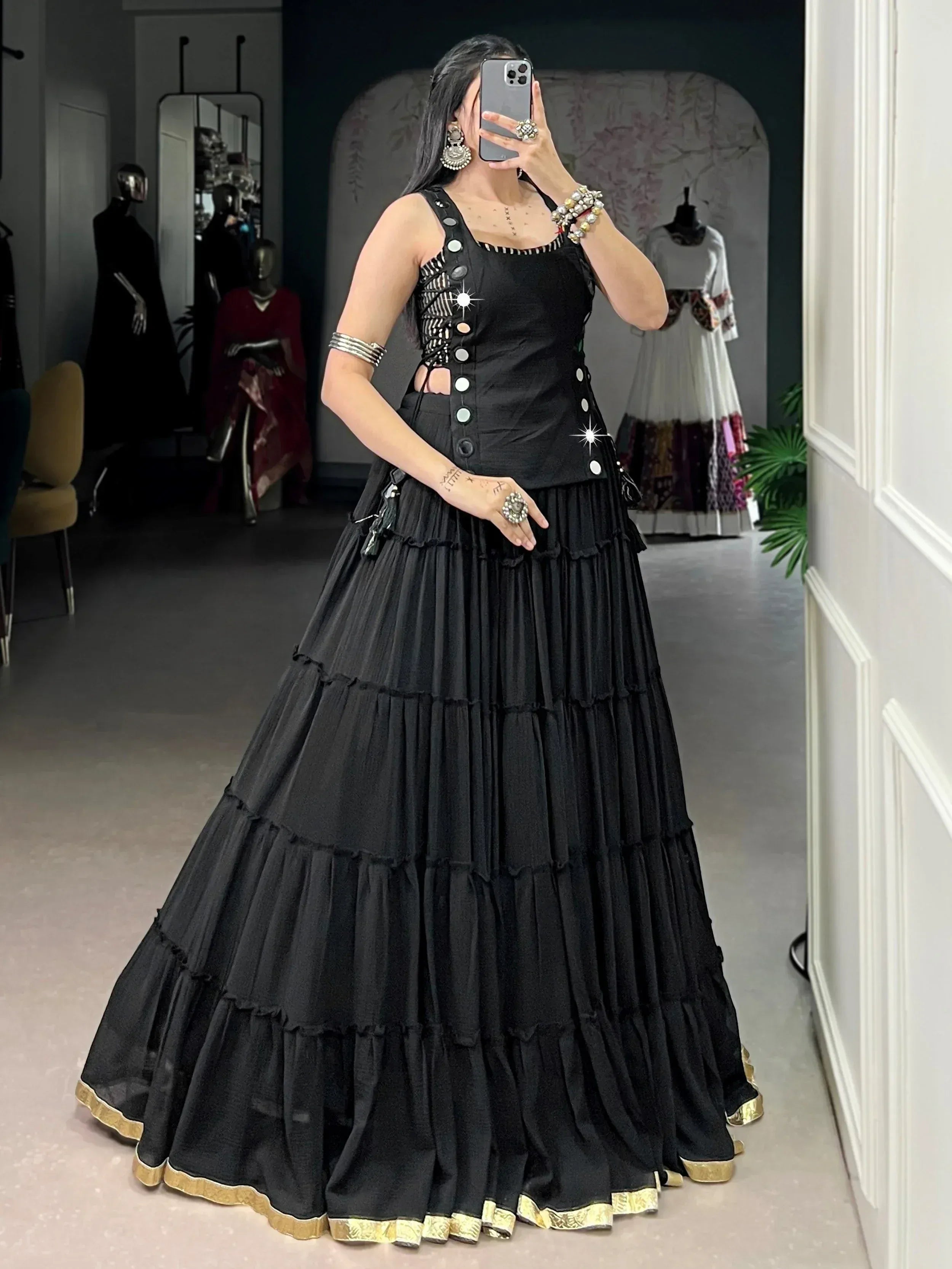 Graceful Black Mirror Work Chiffon Festival Wear Crop Top Lehenga