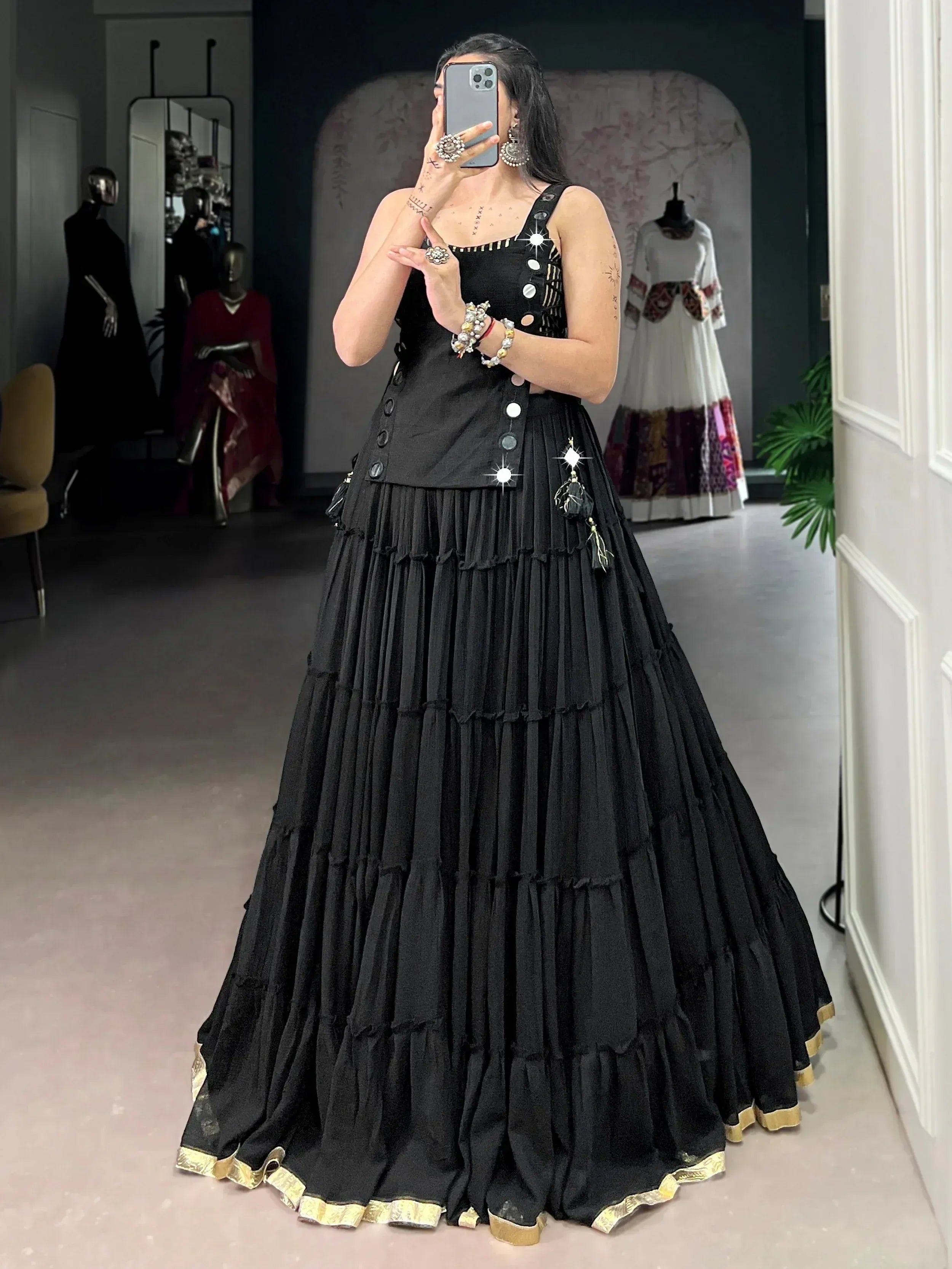 Graceful Black Mirror Work Chiffon Festival Wear Crop Top Lehenga