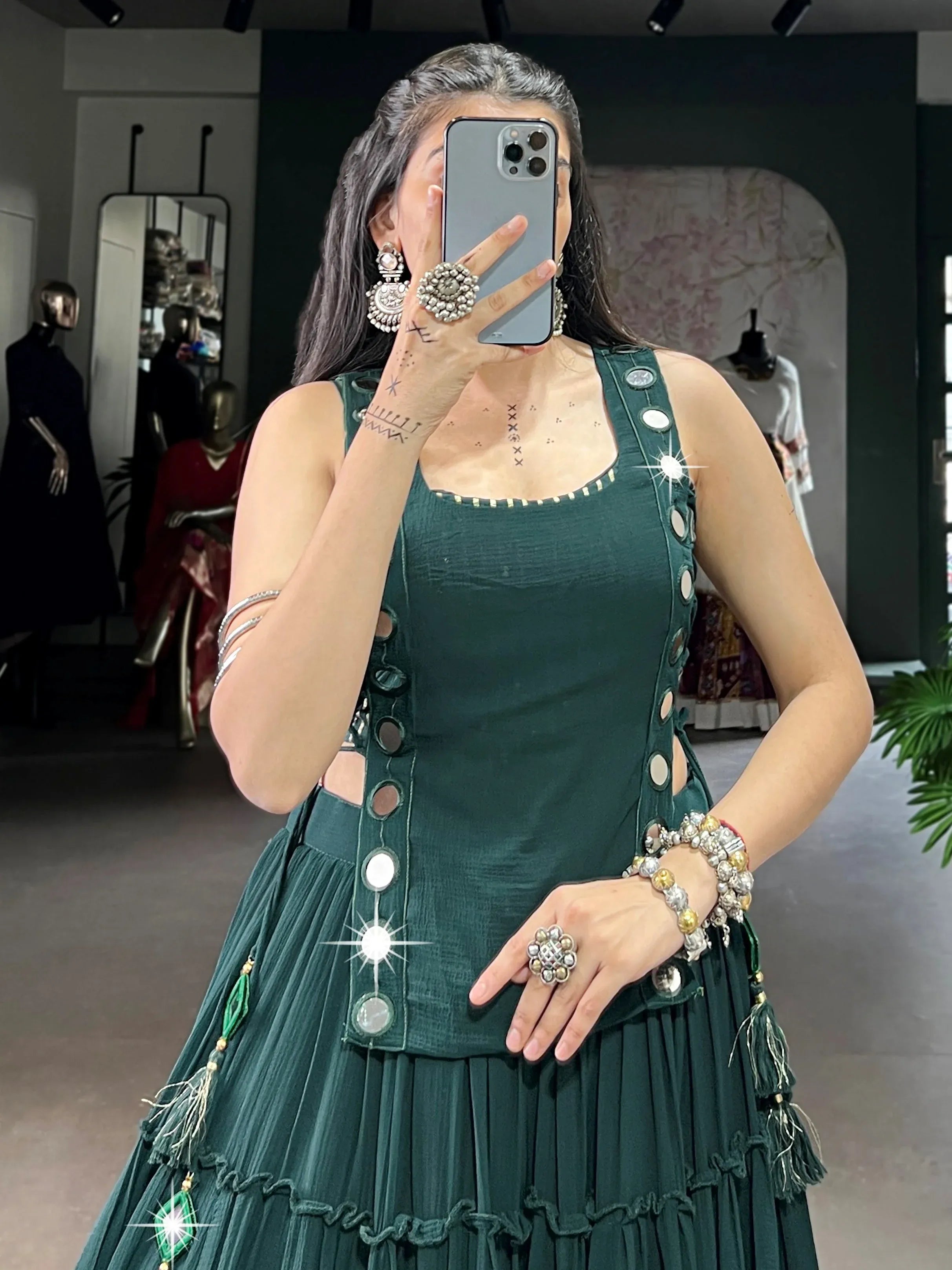 Stylish Green Chiffon Mehendi Wear Crop Top Lehenga With Koti