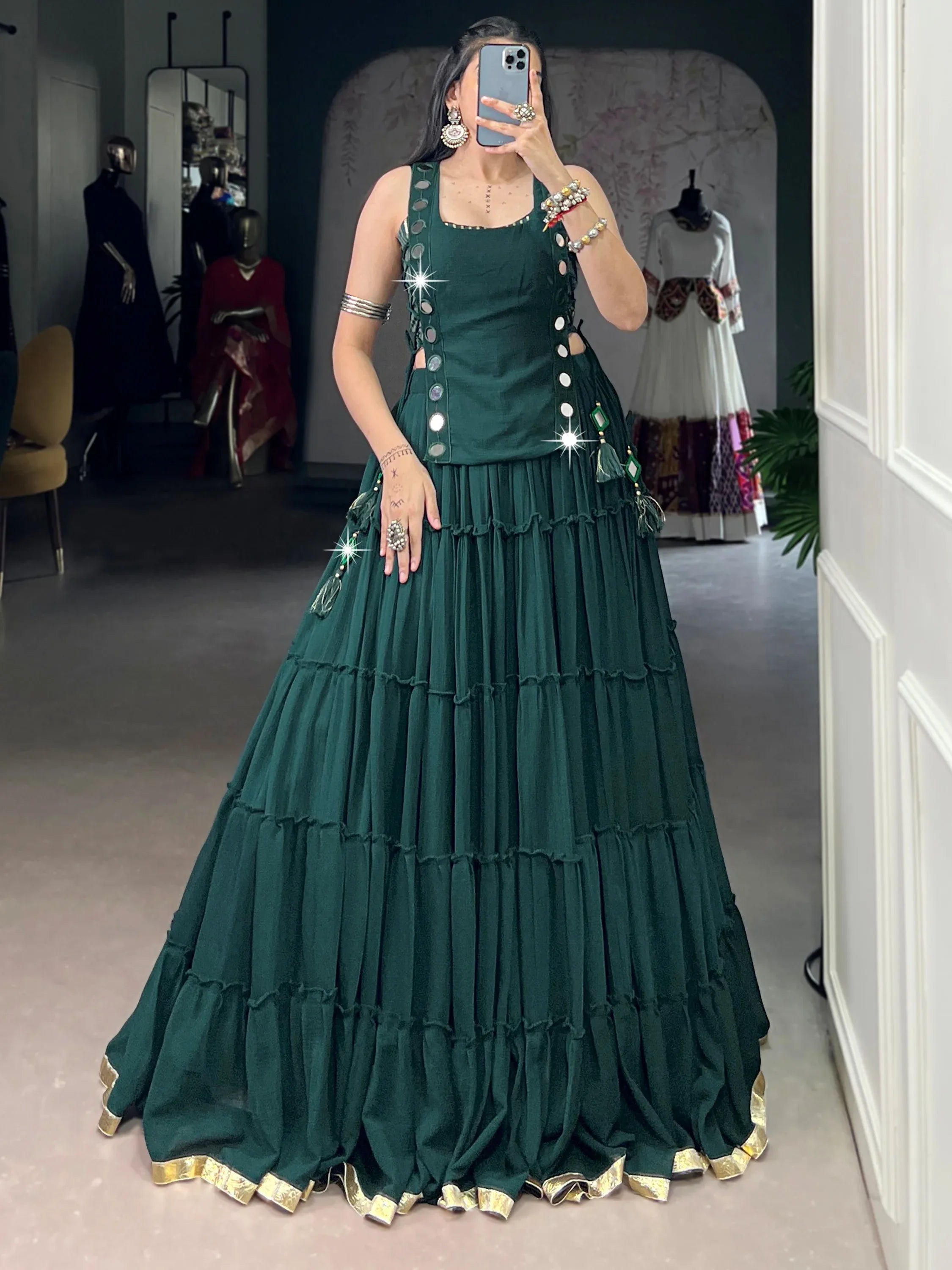 Stylish Green Chiffon Mehendi Wear Crop Top Lehenga With Koti