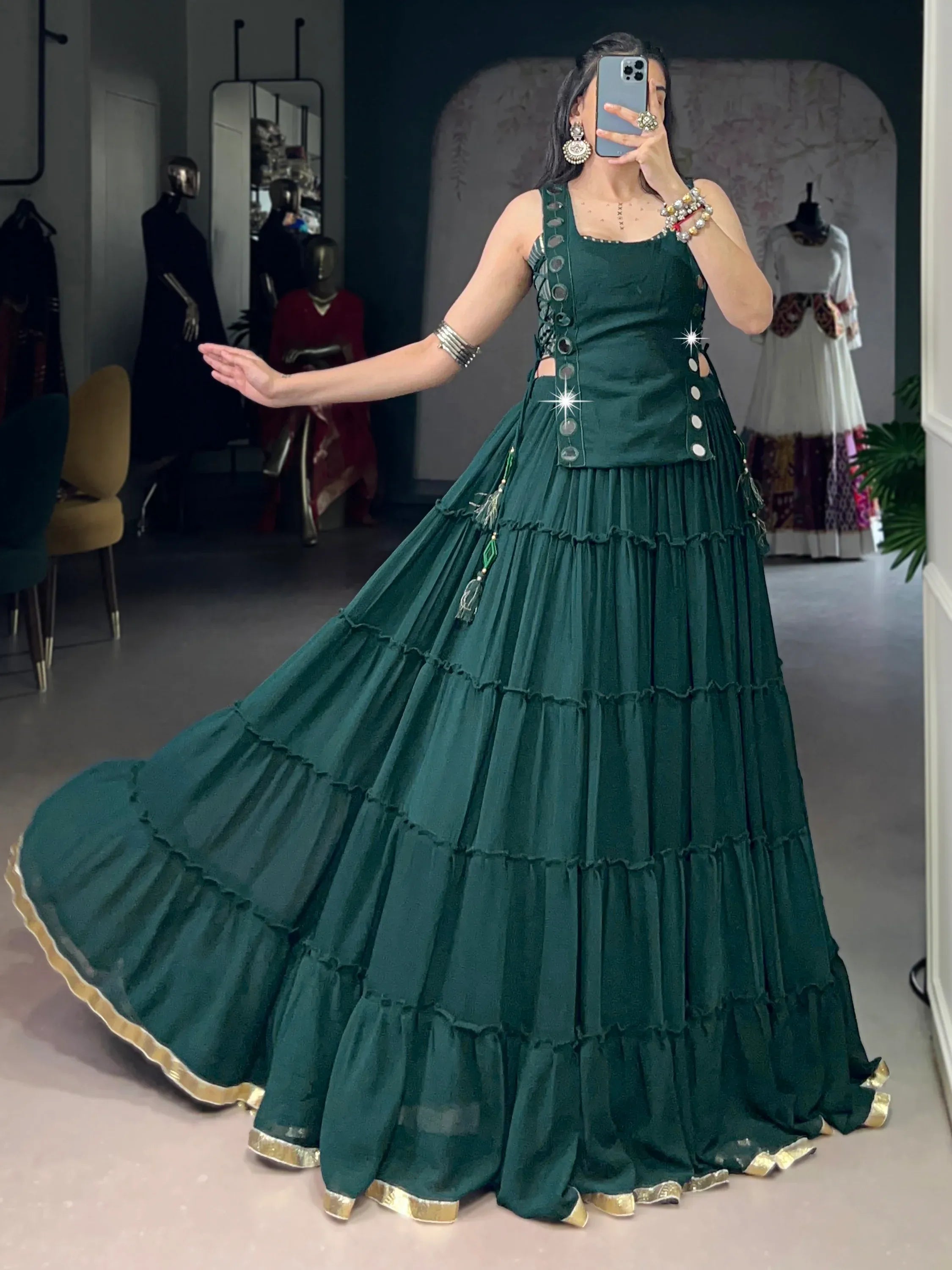 Stylish Green Chiffon Mehendi Wear Crop Top Lehenga With Koti