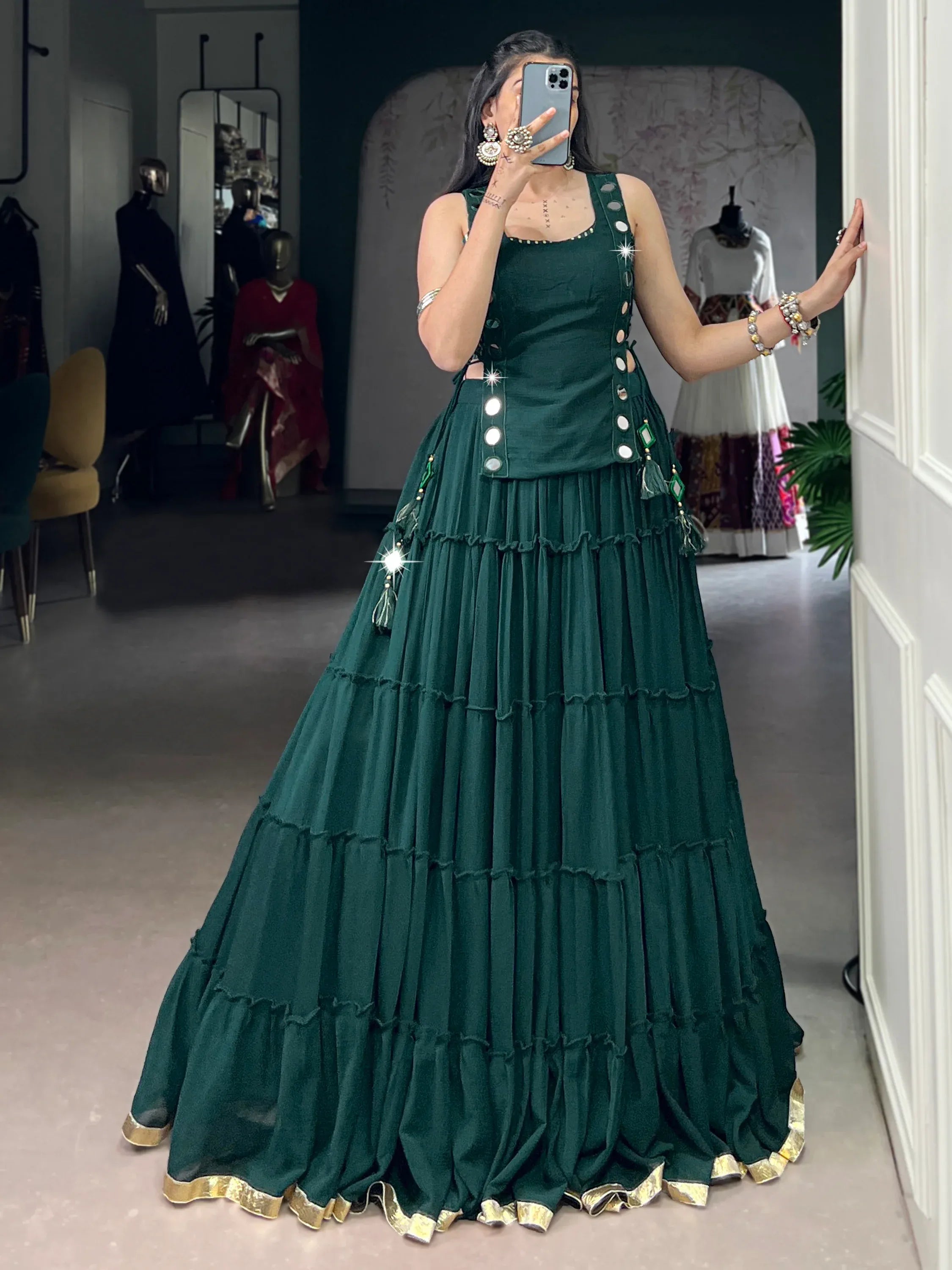 Stylish Green Chiffon Mehendi Wear Crop Top Lehenga With Koti