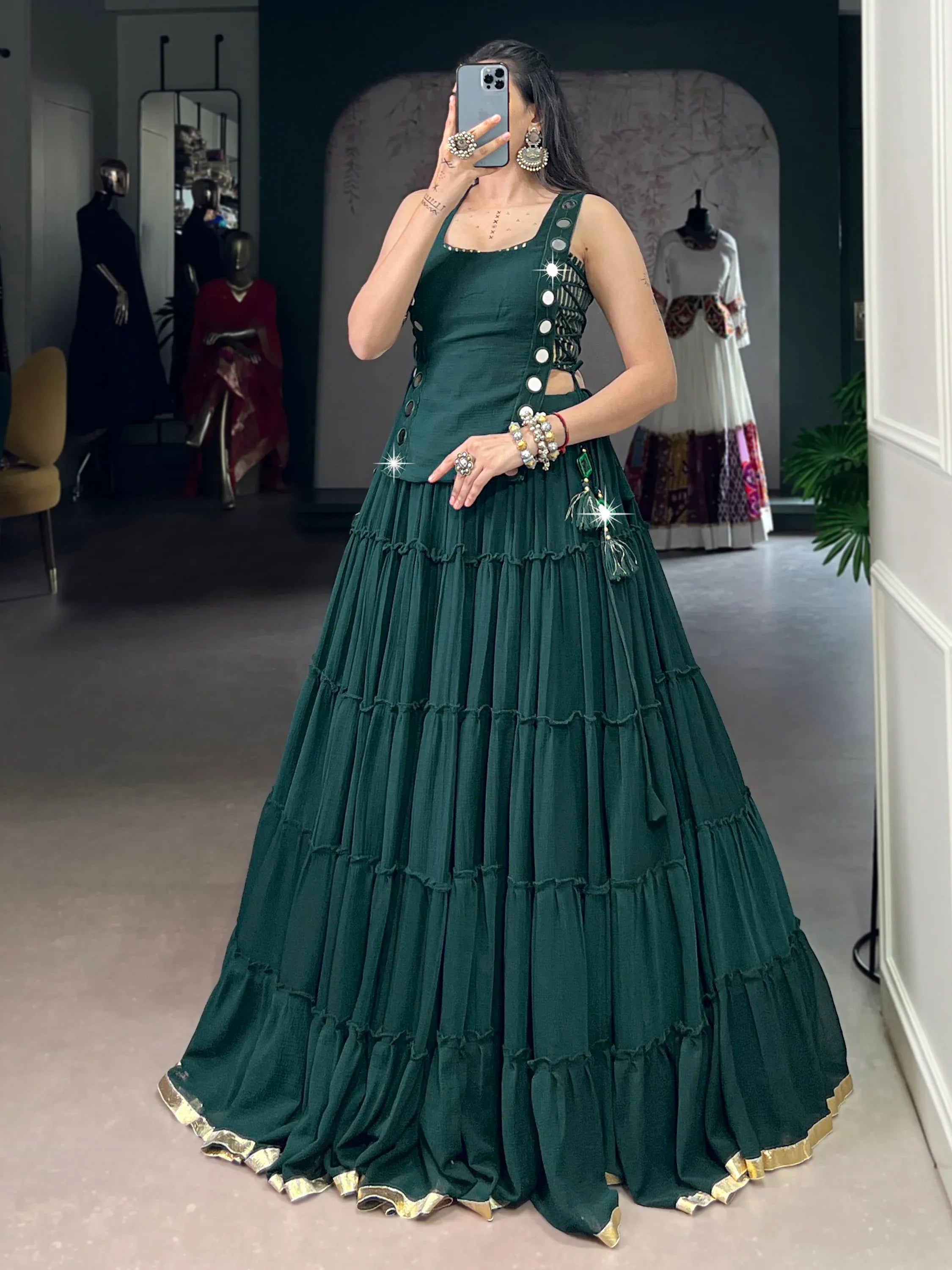 Stylish Green Chiffon Mehendi Wear Crop Top Lehenga With Koti