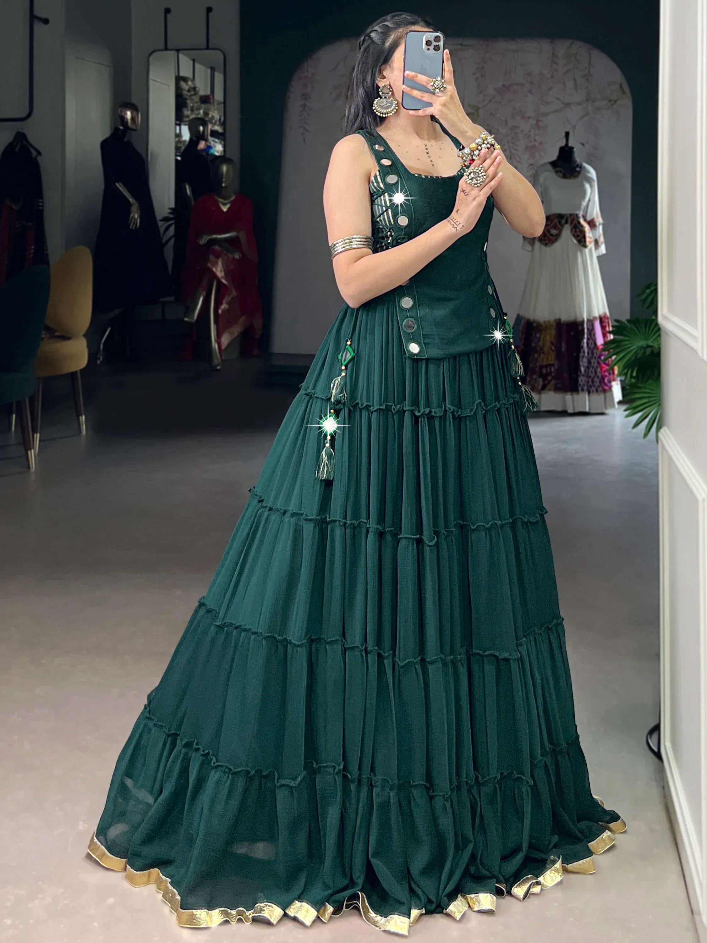 Stylish Green Chiffon Mehendi Wear Crop Top Lehenga With Koti