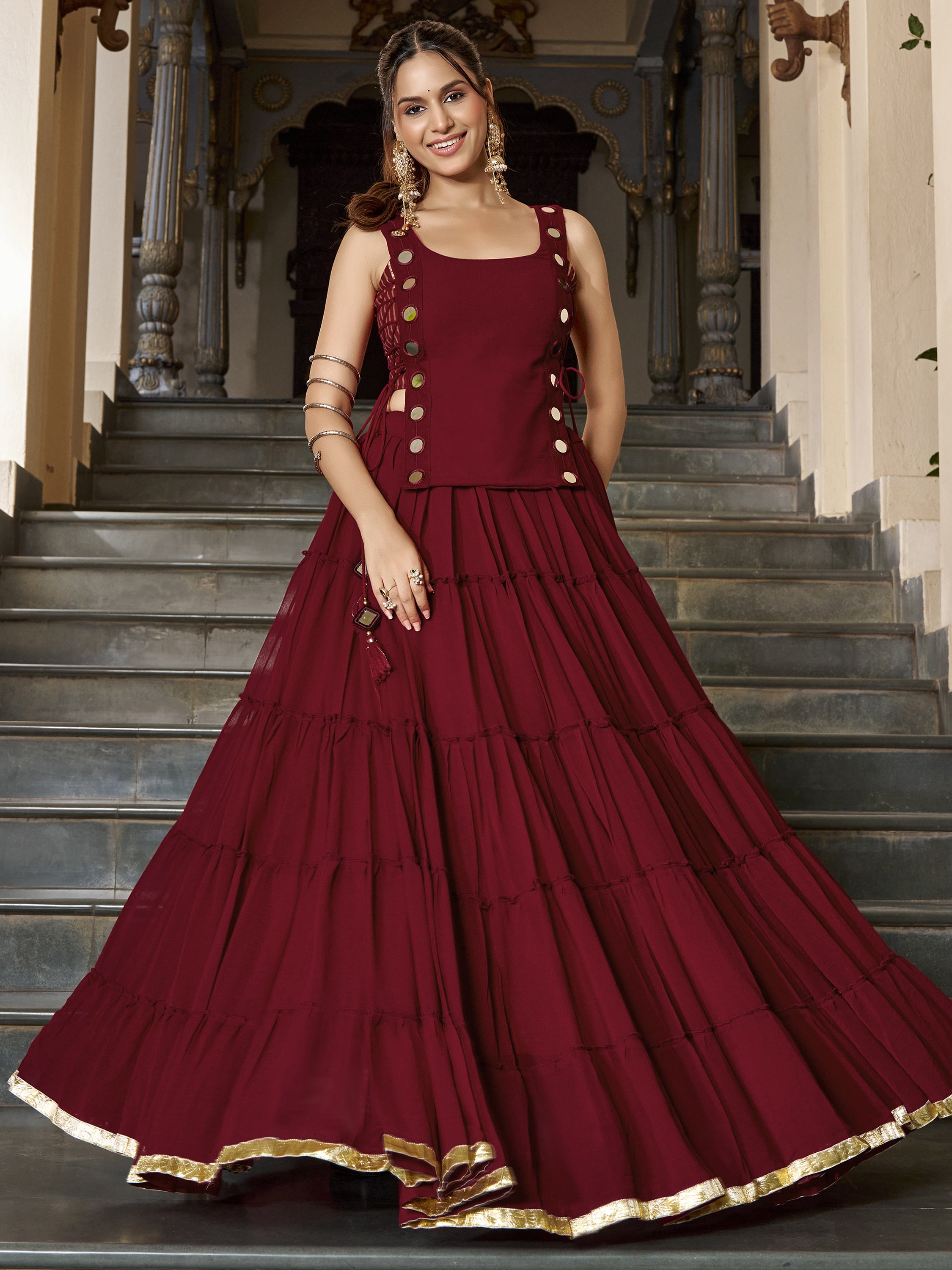Beautiful Maroon Mirror Work Chiffon Wedding Wear Crop Top Lehenga