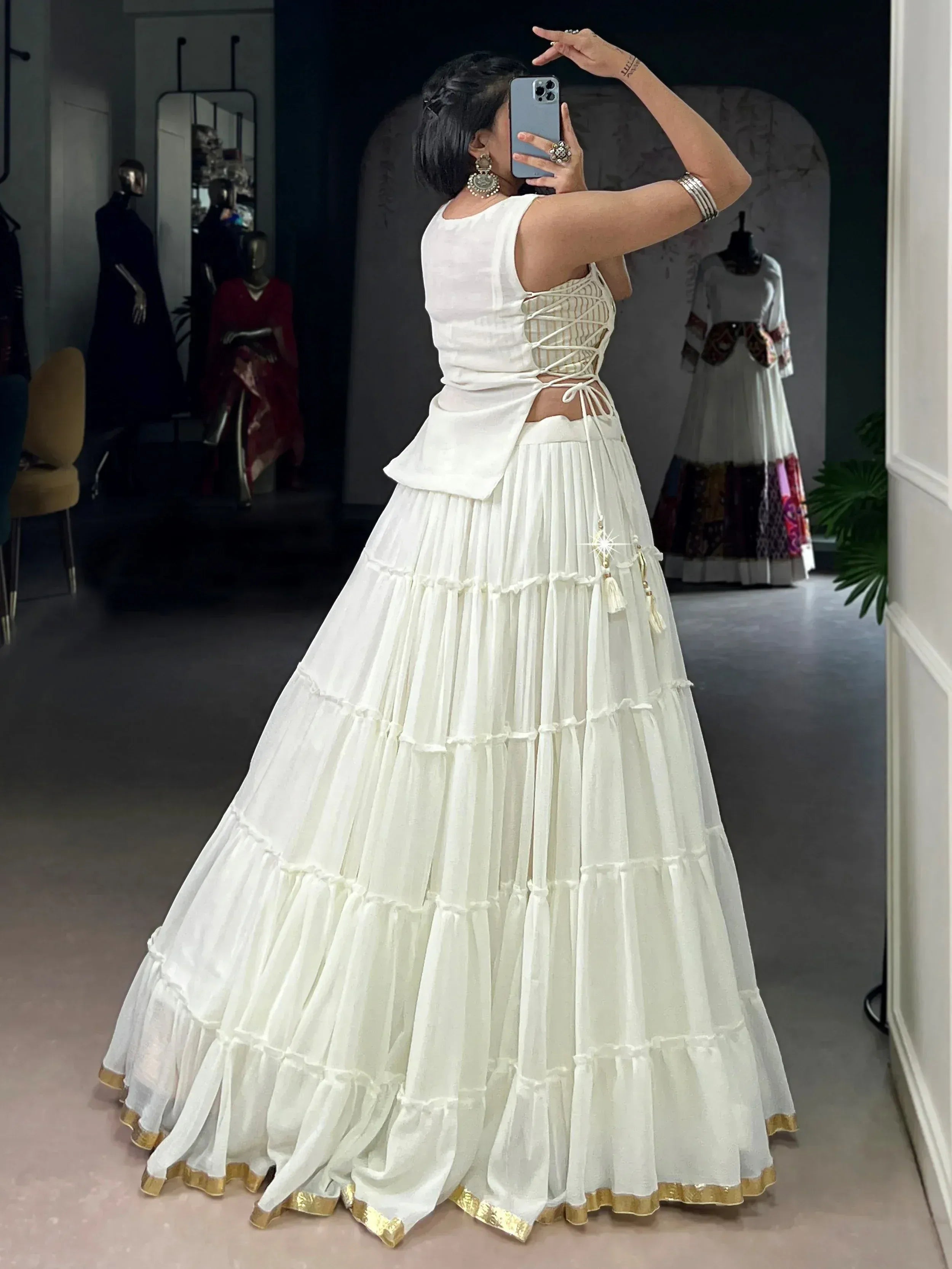 Captivating White Mirror Work Chiffon Festival Wear Crop Top Lehenga