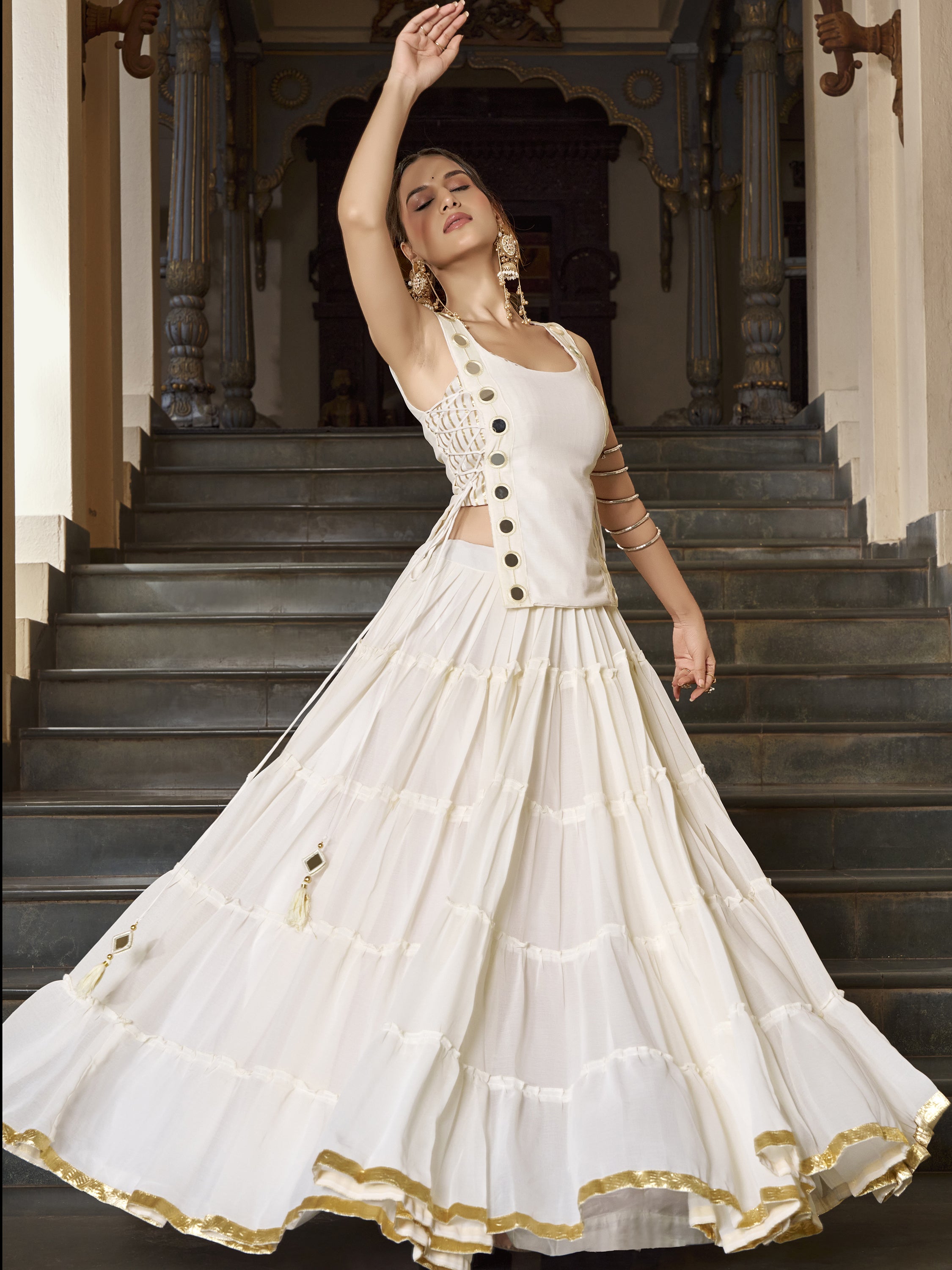 Precious White Laced Border Chiffon Festive Wear Crop Top Lehenga