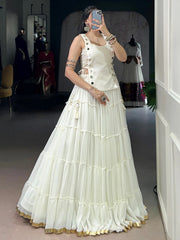 Captivating White Mirror Work Chiffon Festival Wear Crop Top Lehenga