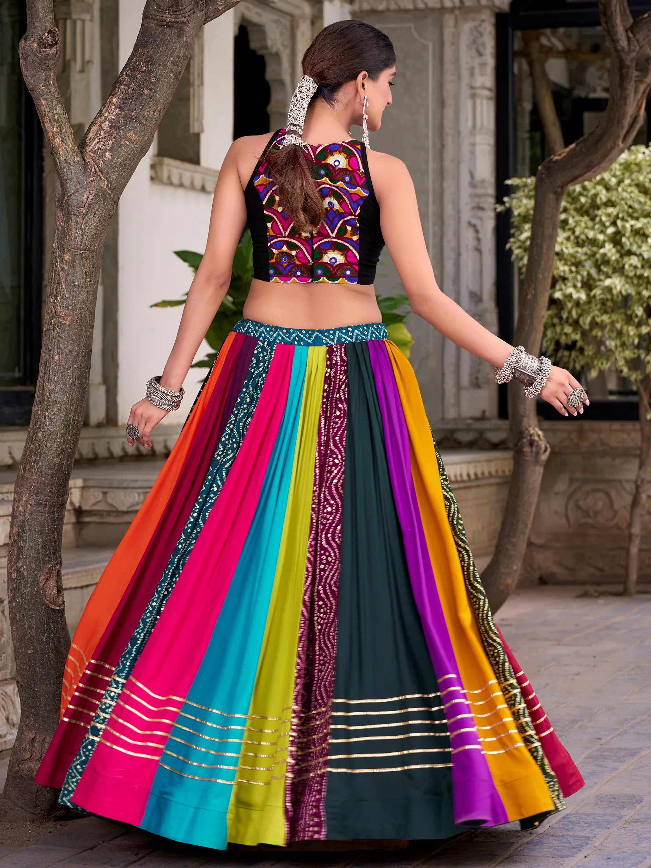 Glorious Multicolor Gota Patti Rayon Navratri Wear Crop Top Lehenga