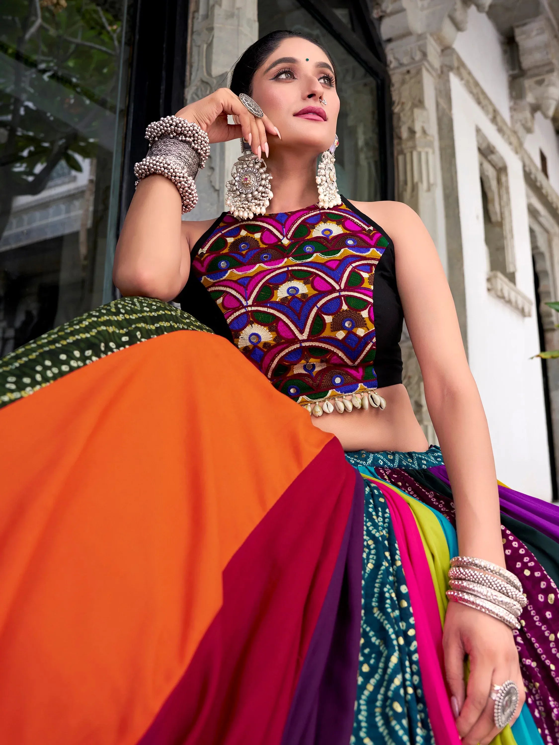 Glorious Multicolor Gota Patti Rayon Navratri Wear Crop Top Lehenga