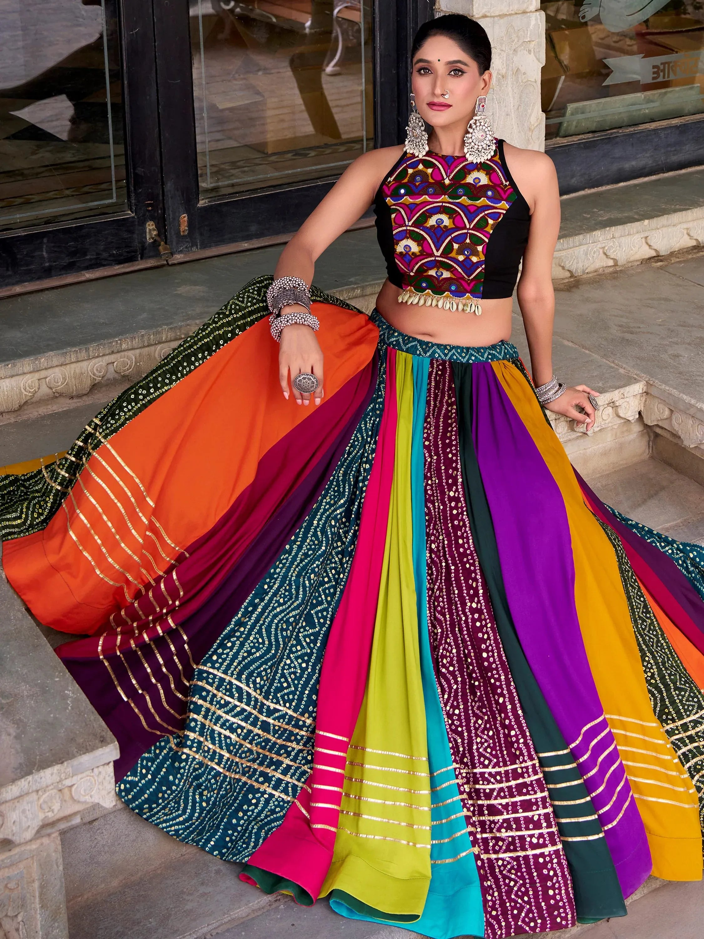 Glorious Multicolor Gota Patti Rayon Navratri Wear Crop Top Lehenga