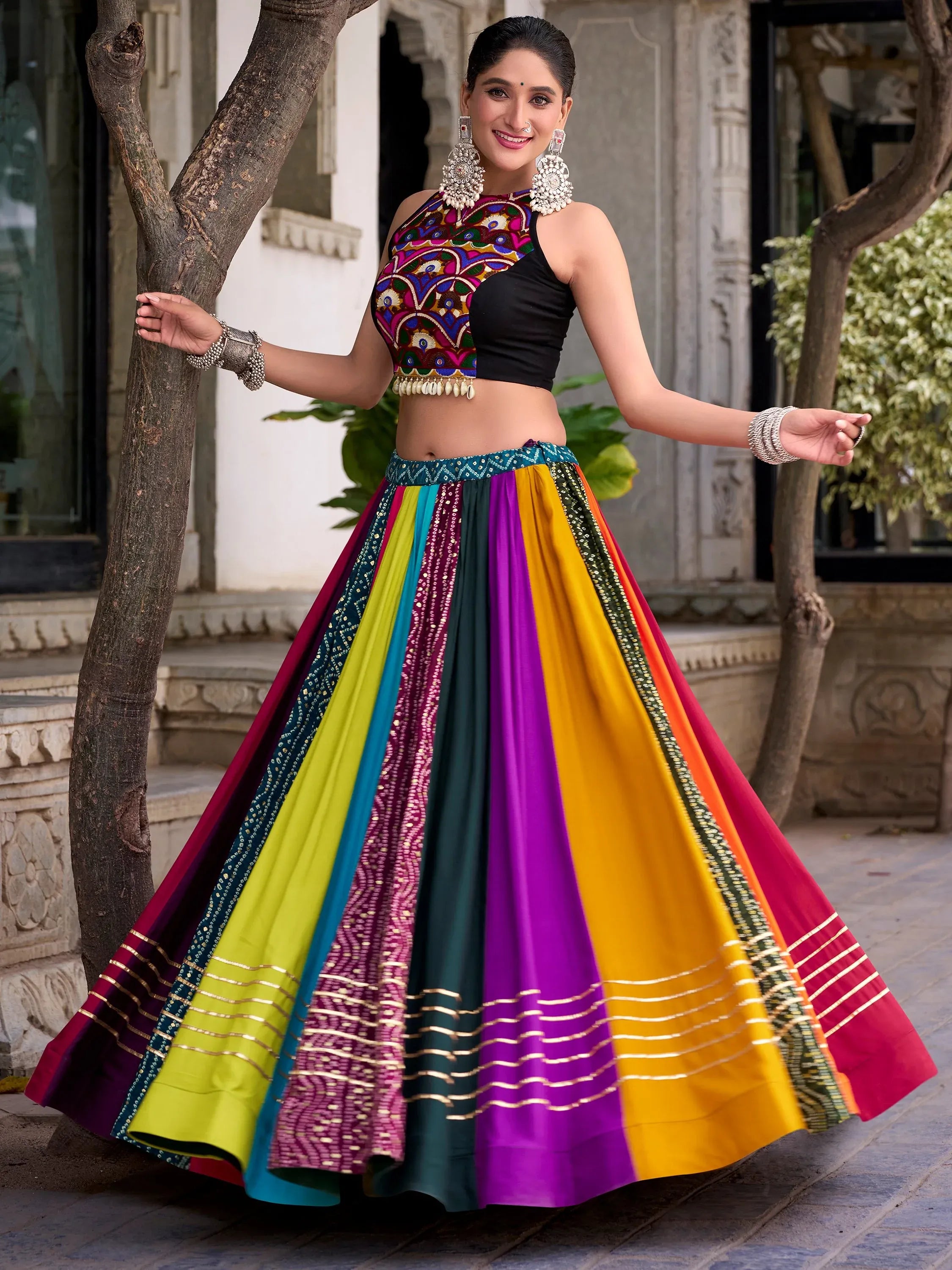 Glorious Multicolor Gota Patti Rayon Navratri Wear Crop Top Lehenga