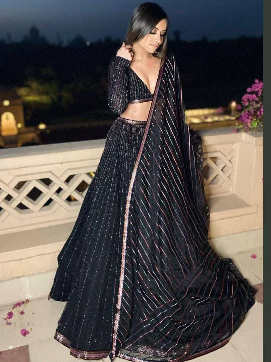 Black striped lehenga choli with sequins, perfect for Indian ethnic events and evening wear