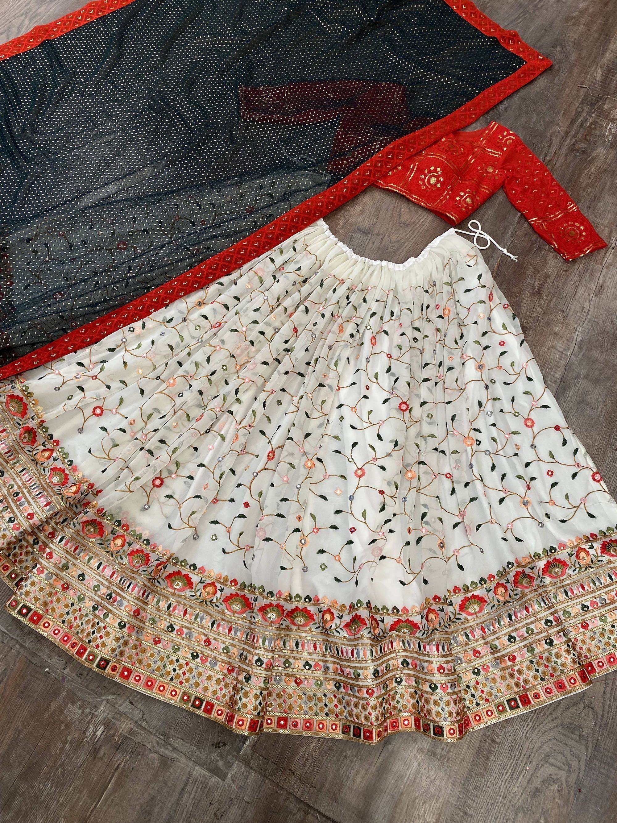 White floral embroidered lehenga with red blouse and net dupatta, Indian ethnic wear