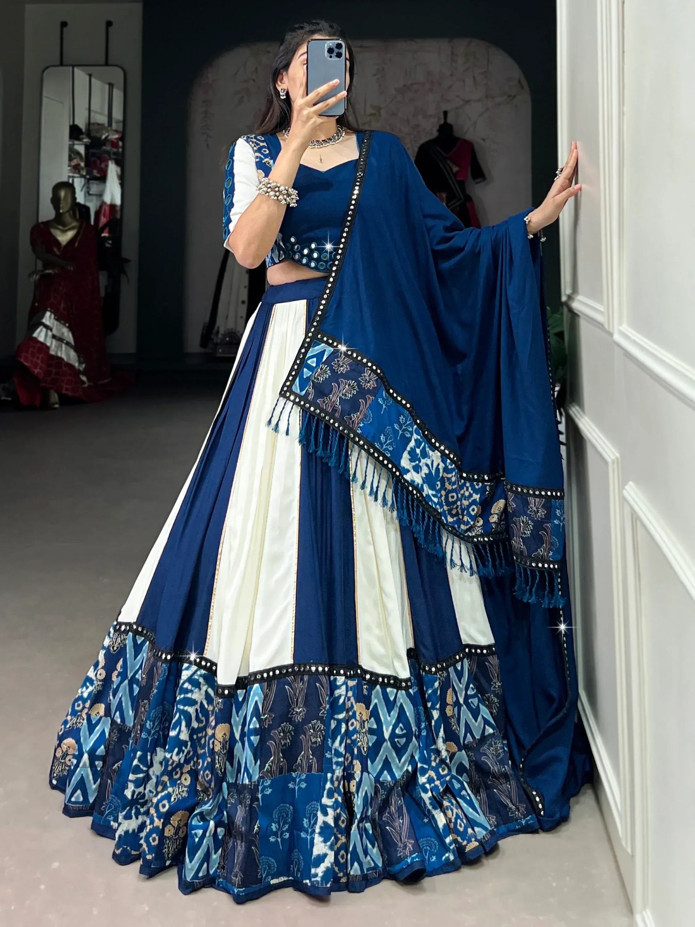 Alluring Blue Lace Work Rayon Navratri Special Lehenga Choli