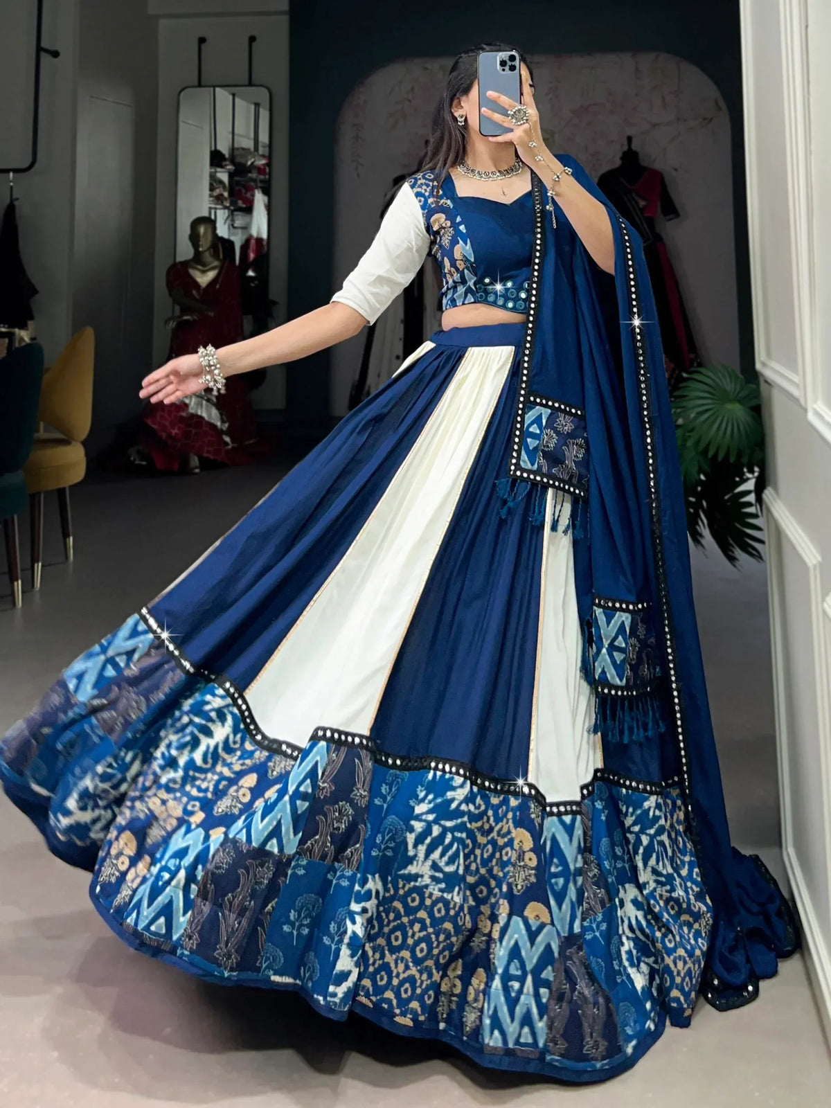 Alluring Blue Lace Work Rayon Navratri Special Lehenga Choli