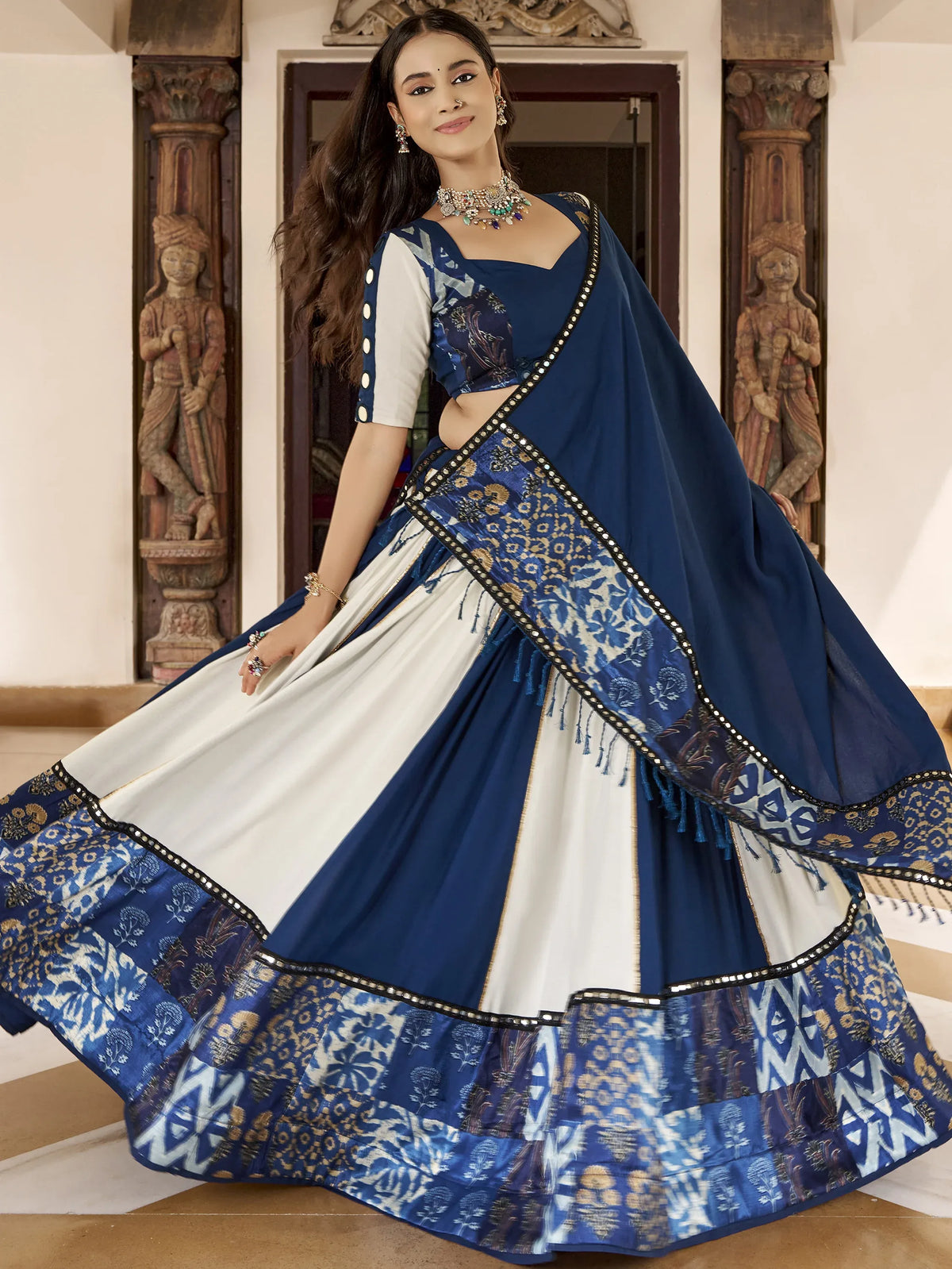 Great Blue Gota Laced Rayon Navratri Special Lehenga Choli With Dupatta