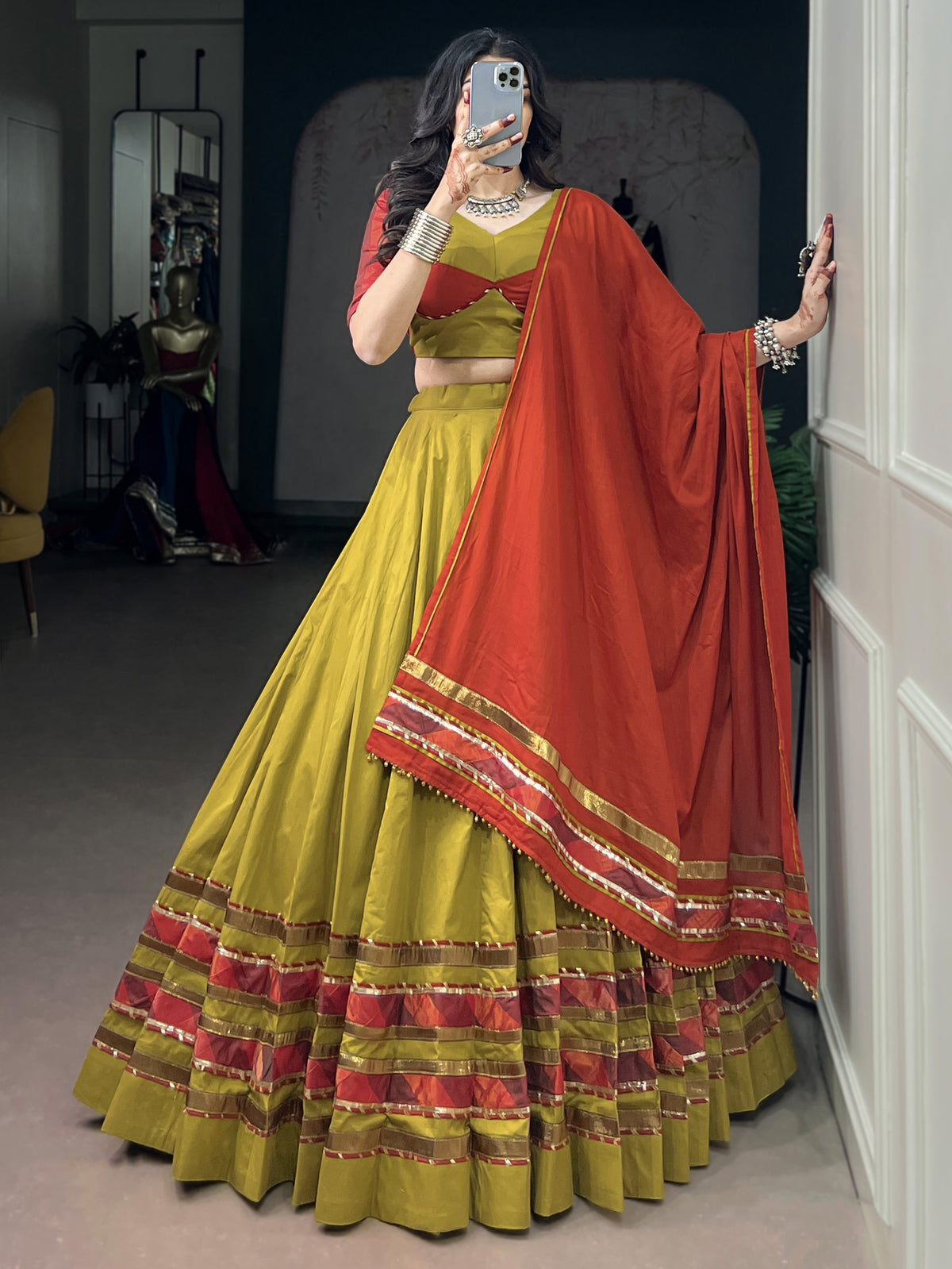 Fresh Mustard Yellow Gota Laced Navratri Wear Lehenga Choli With Dupatta
