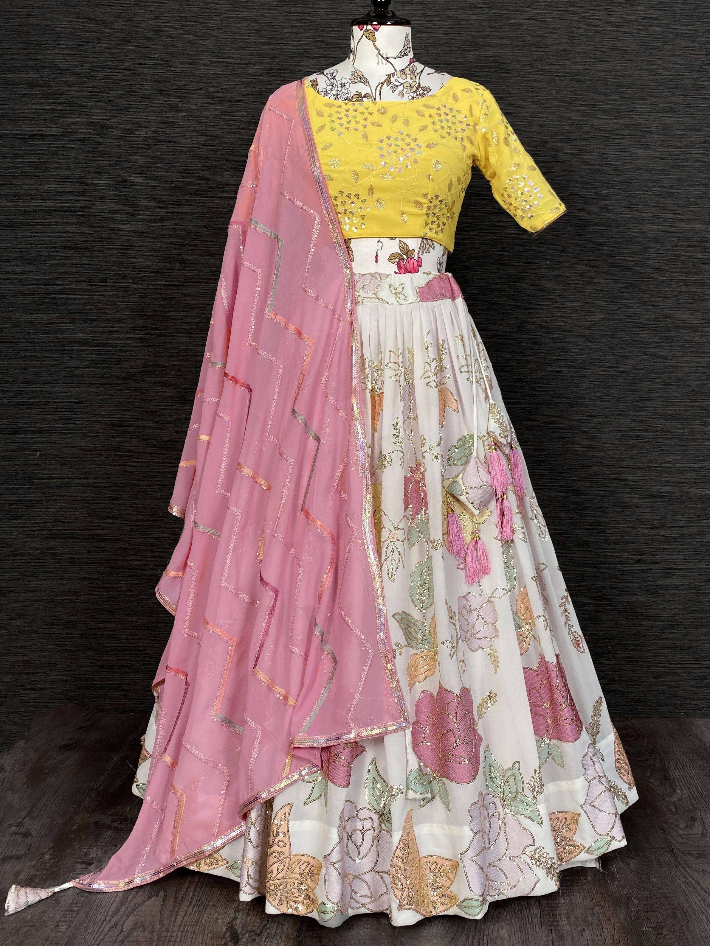 Yellow sequin blouse with floral white lehenga and pink dupatta, Indian ethnic wear