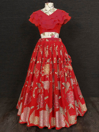 Pretty Red Georgette Thread Embroidered Crop Top Lehenga
