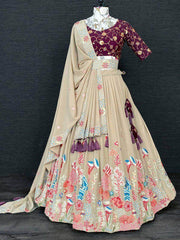 Marvelous Beige Thread Embroidery Georgette Lehenga Choli with Dupatta