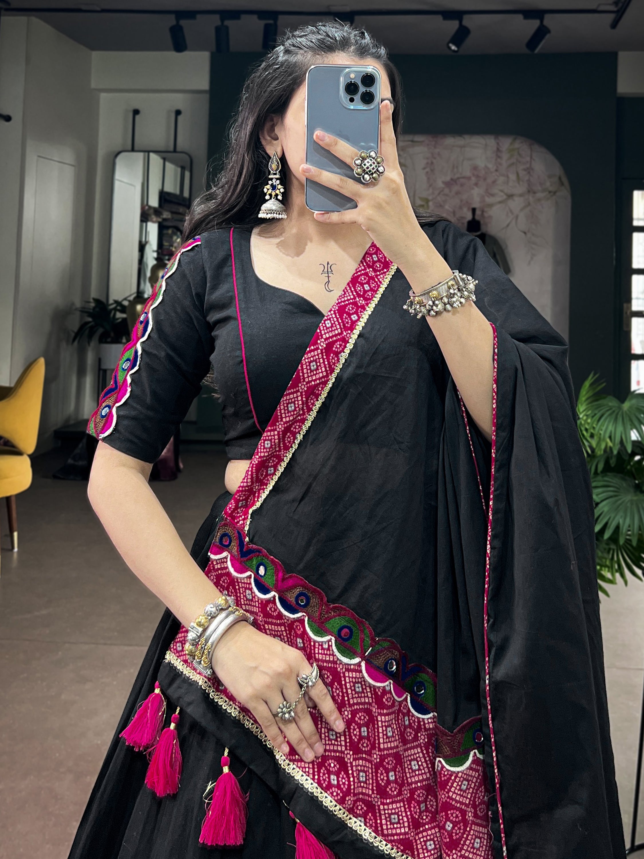 Dazzling Black Patch Work Cotton Navratri Lehenga Choli With Dupatta
