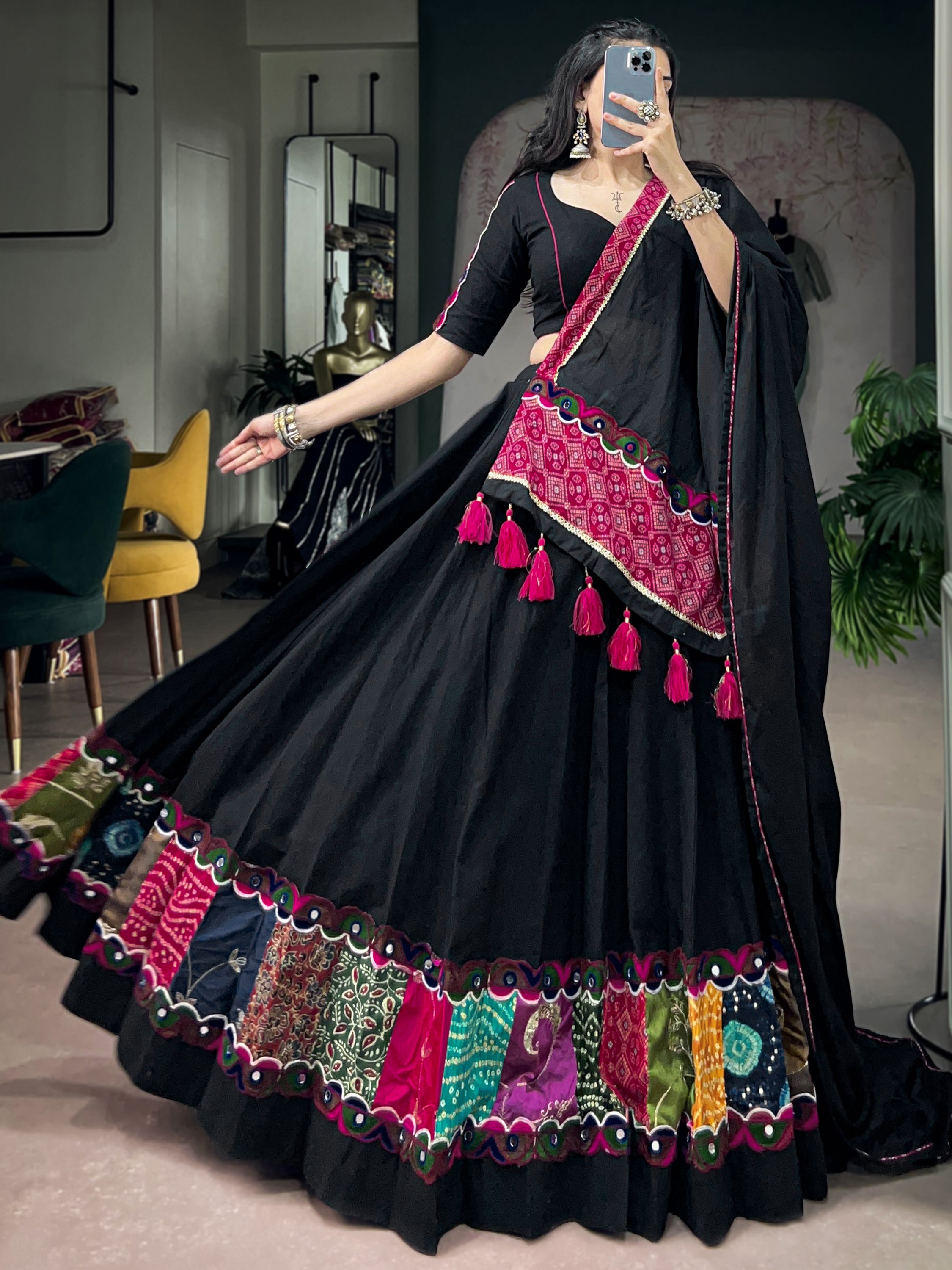 Dazzling Black Patch Work Cotton Navratri Lehenga Choli With Dupatta