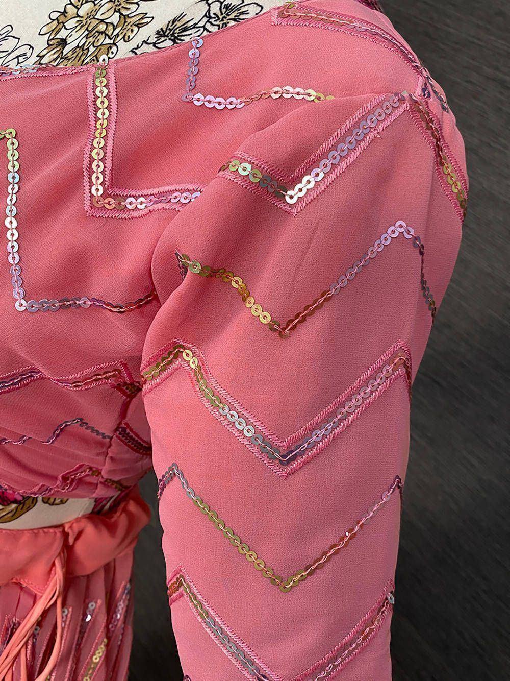 Pink ethnic top with sequin chevron embroidery, perfect for designer lehenga choli or festive wear