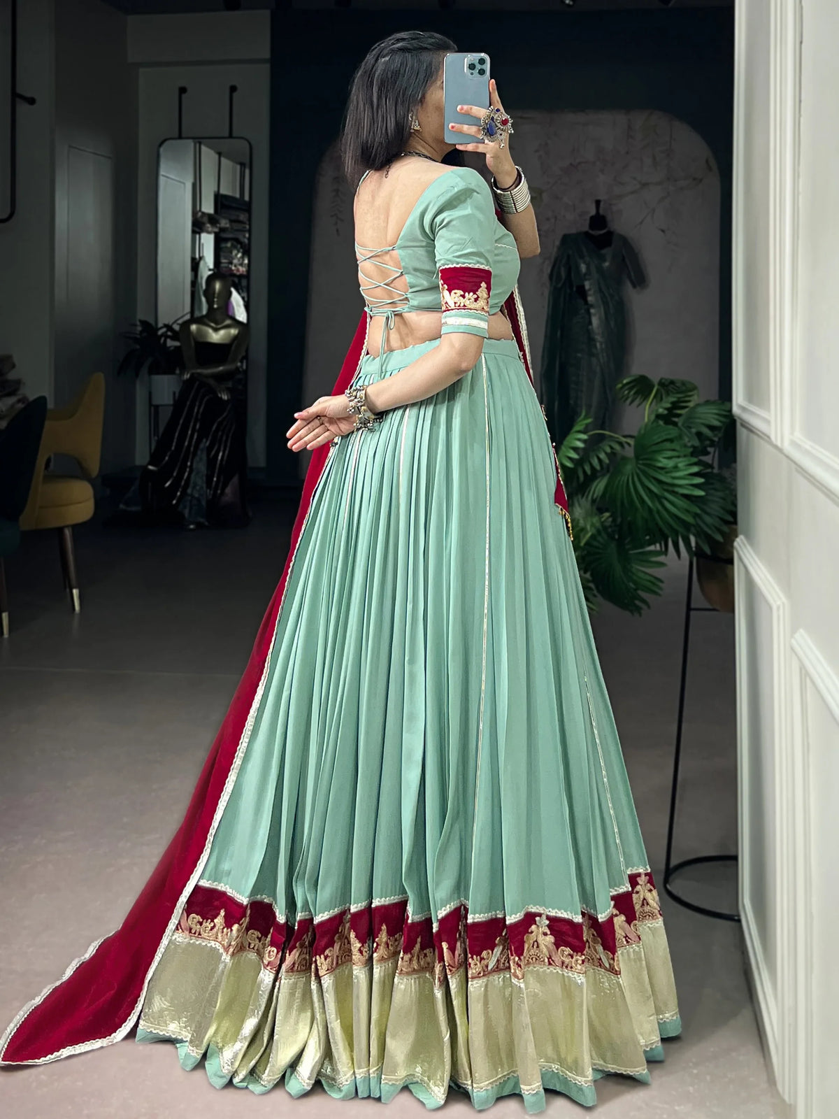 Great Mint Green Thread Work Rayon Navratri Lehenga Choli With Dupatta