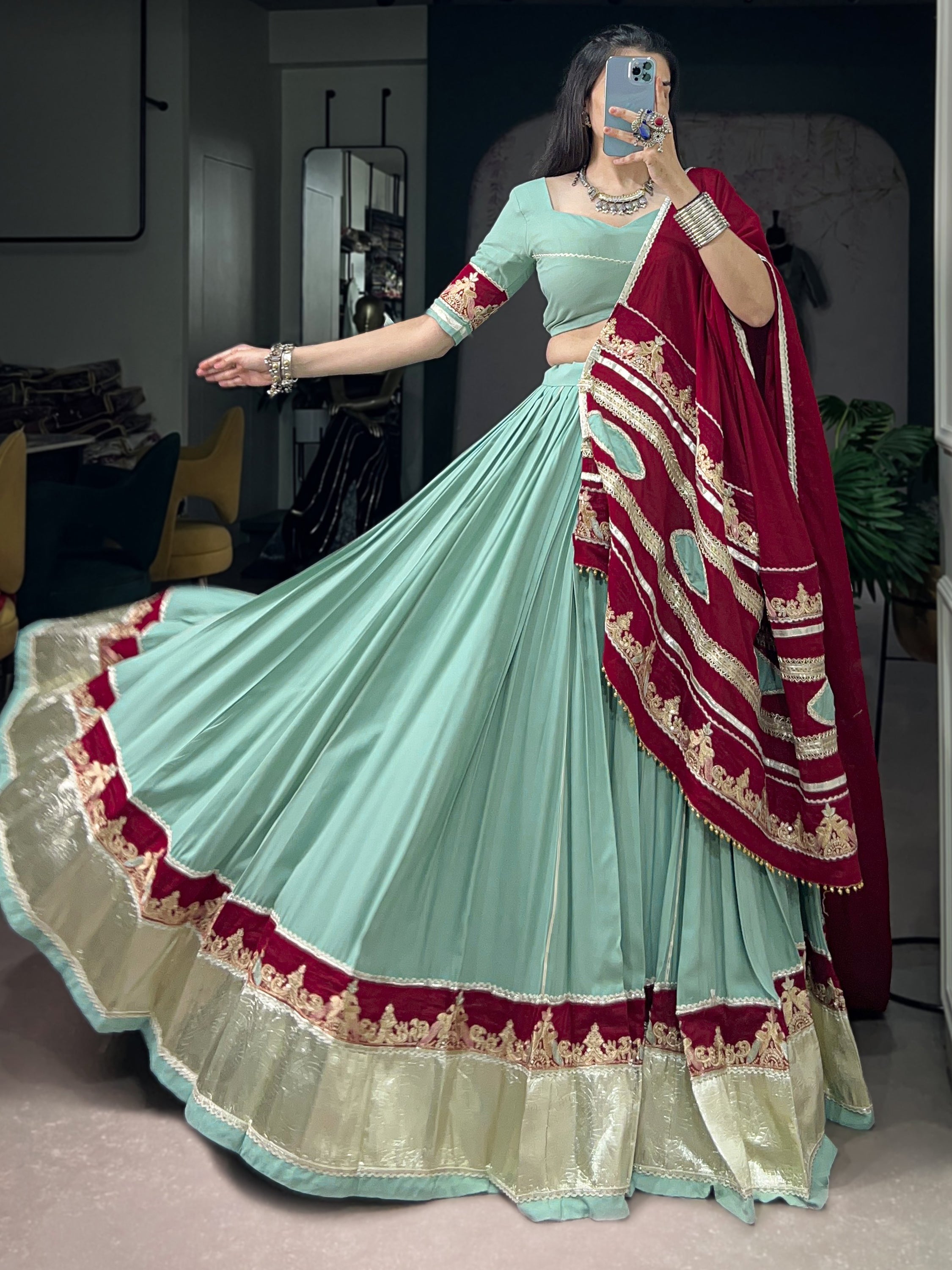 Great Mint Green Thread Work Rayon Navratri Lehenga Choli With Dupatta